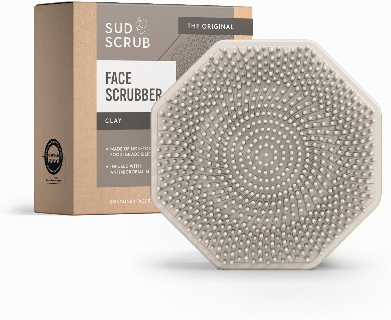 Sud Scrub® Antimicrobial Silicone Face Scrubber, 1 Pack, Gentle Face Exfoliator for Sensitive Skin, Eco Friendly Facial Cleansing Brush, Exfoliating Face Brush for Men and Women (Clay)