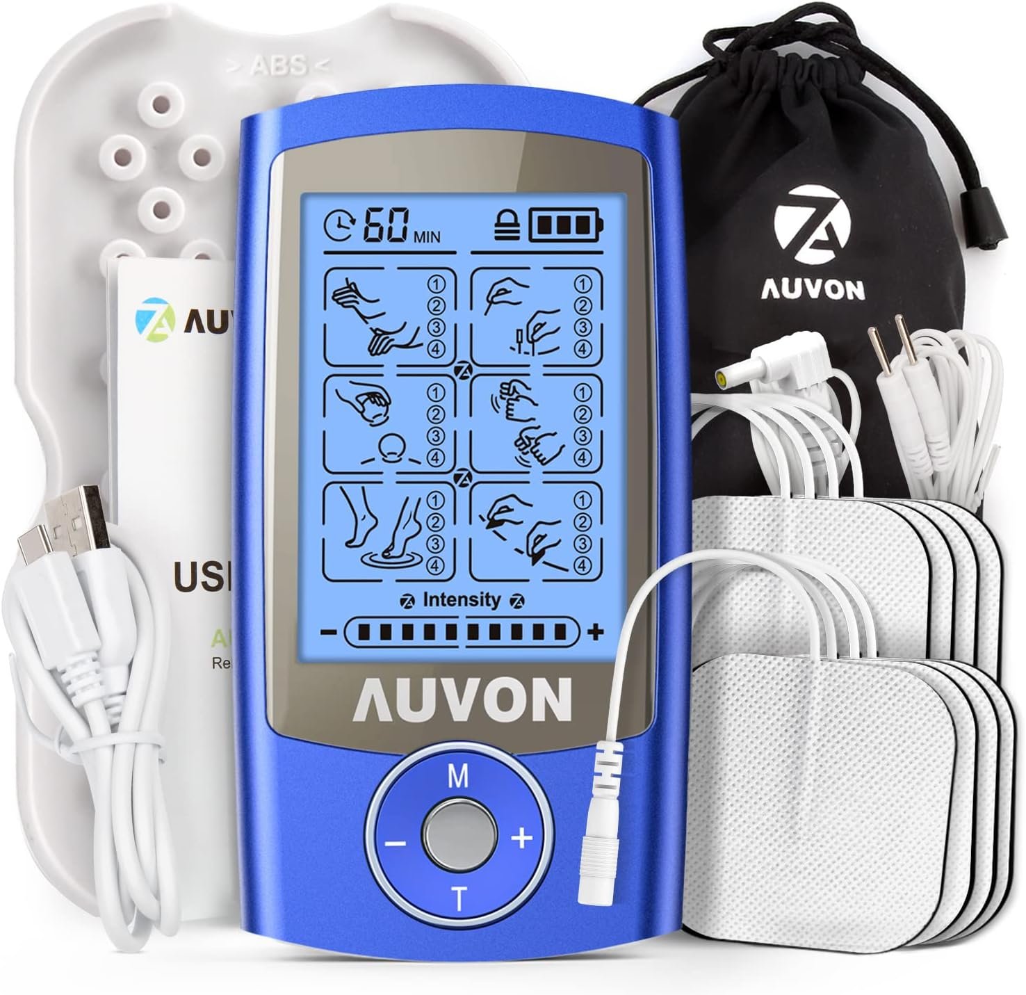 AUVON 24 Modes TENS Unit Muscle Stimulator for Pain Relief, Premium Pads | Rechargeable TENS Machine, Drug-Free Pain Relief for Shoulder, Lower Back, Muscle, Physical Therapy, 8pcs Electrode Pads