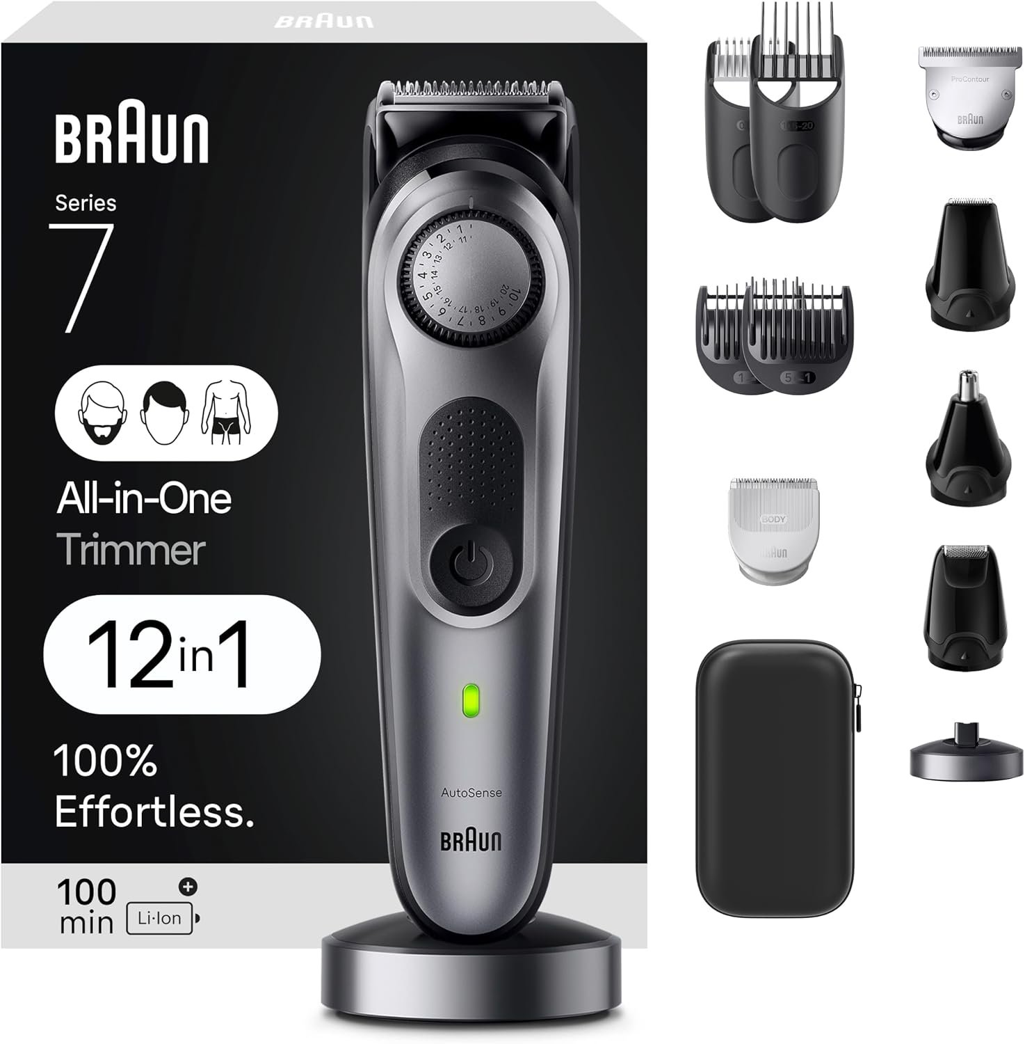 Braun All-in-One Men’s Shaving Kit Series 7 7440, 12-in-1 Beard, Face, Nose, Ear Trimmer, Hair Clippers, Body Groomer and Manscaping + Travel Case + Charging Stand