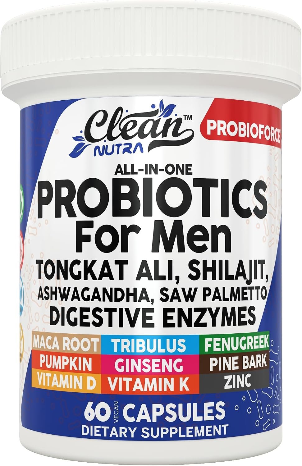 Clean Nutra Probiotics for Men | Tongkat Ali, Saw Palmetto, Tribulus, Ginseng, Ashwagandha, Maca, Pumpkin, Gingko Biloba, Pine Bark, Fenugreek, Shilajit, Zinc – Mens Probiotic 60 Capsules