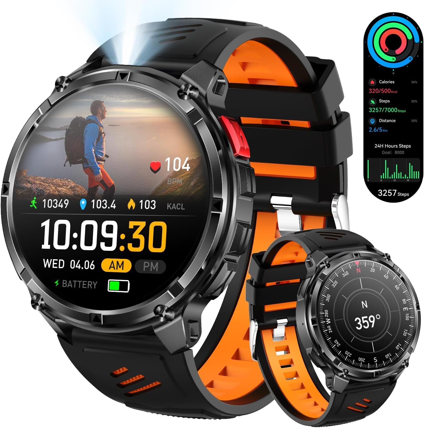 Military Smartwatch for Men with Compass & Flashlight, Rugged Smart Watch with Bluetooth Calling, Outdoor Fitness Tracker with Heart Rate Sleep Monitor, 100+ Sport Modes Waterproof for Android iPhone
