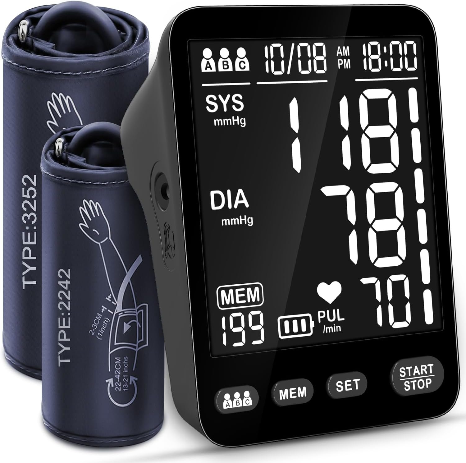 Blood Pressure Monitor, Upper Arm Automatic, 3 Users 199 Memory Black | Dual Cuffs (9-17in&13-21in), Large LCD Display, one touch, date/time stamps, fast 35s readings, home use, dual power options