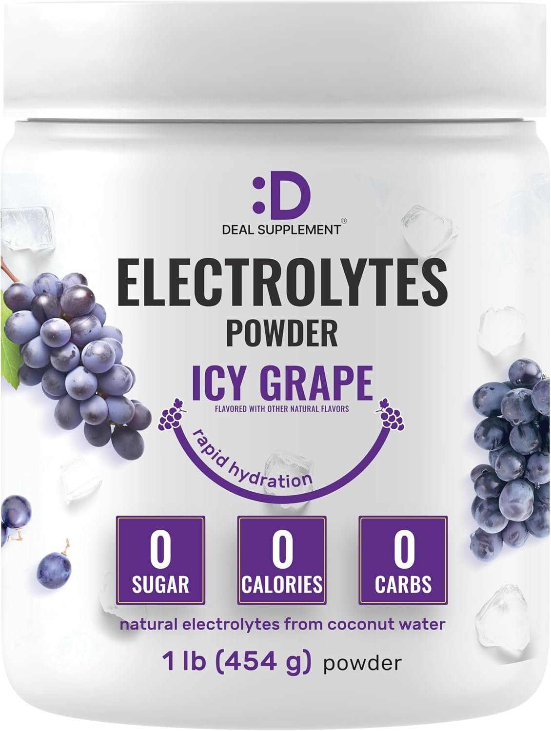 Electrolytes Powder, 1lb (69 Servings) – No Sugar, Low Sodium, ICY Grape Flavor – Rapid Hydration Supplement Drink Mix – High Potassium 1,000mg with Natural Coconut Water, Magnesium, & Vitamin C