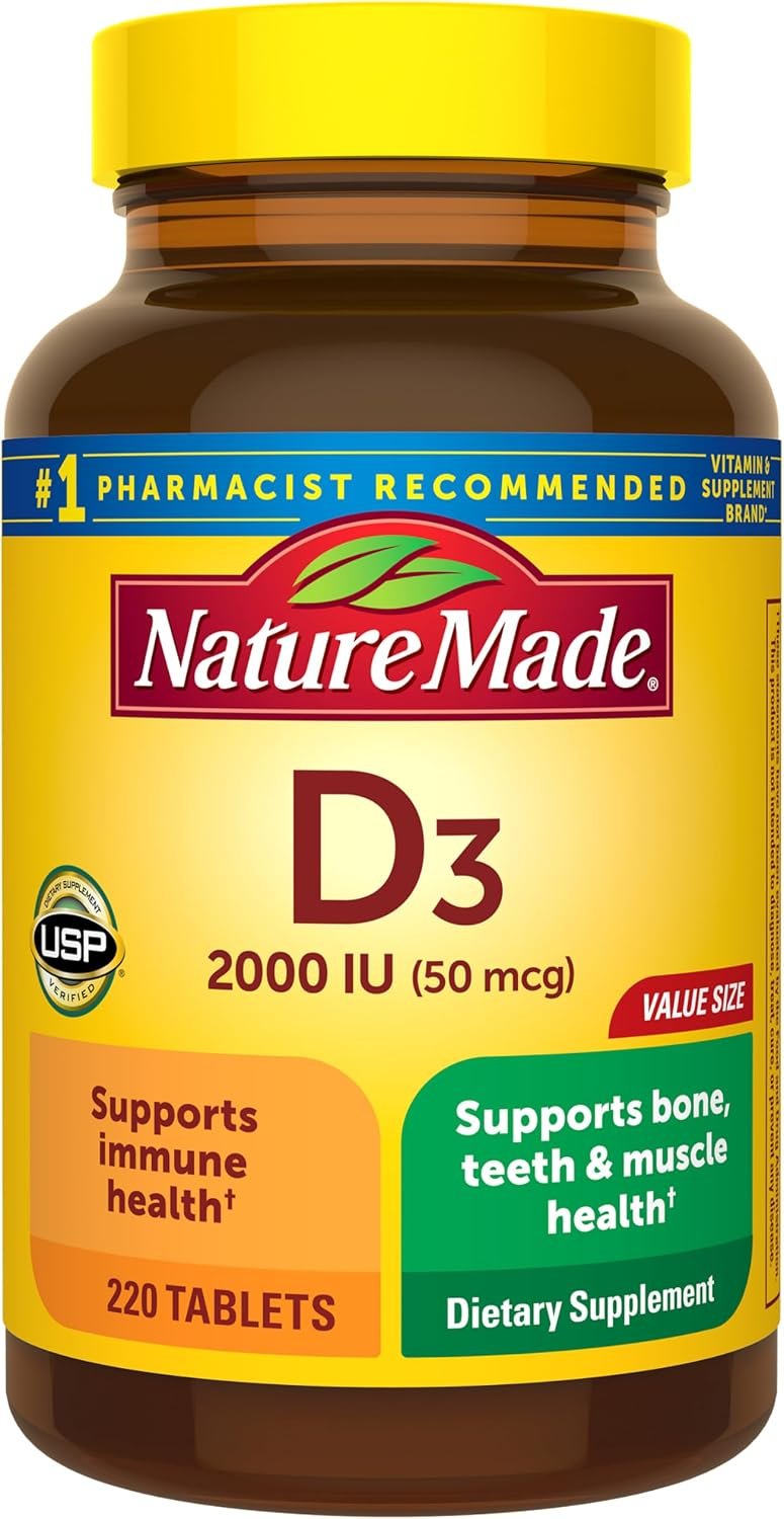 Nature Made Vitamin D3 2000 IU (50 mcg), 220 Vitamin D Tablets | Vitamin D Supplement for Immune, Bone, Teeth and Muscle Health Support, 220 Day Supply