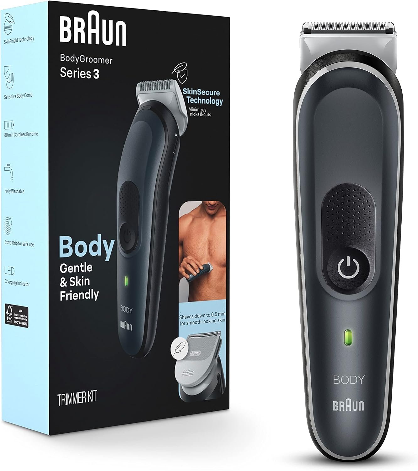 Braun Body Groomer Series 3 3340, Body Groomer for Men, for Chest, Armpits, Groin, Manscaping & More, Incl. 2 Combs for 1 mm – 3 mm Lengths, SkinSecure Technology for Gentle Use, Washable,