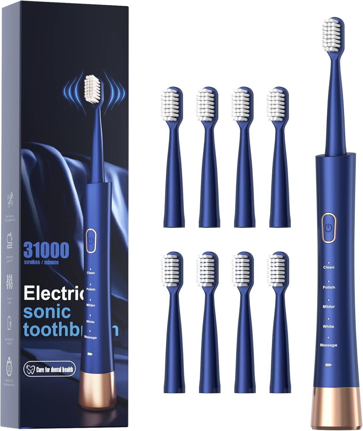 AJELU IPX7 Waterproof Sonic Electric Toothbrush for Adults, 2-Hour Fast Charging, Smart Timer, 5 Brushing Modes, 8 Brush Heads, 30-Day Battery Life, Blue
