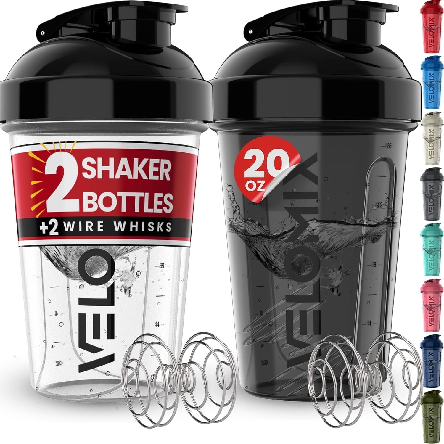 VELOMIX 2 Pack 20oz Protein Shaker Bottle for Protein Mixes, Black/Transpar | 2x Wire Whisk, Leak Proof Shaker Cups for Protein Shakes, Stackable, Dishwasher safe, BPA free, Pre Workout and Fitness ready