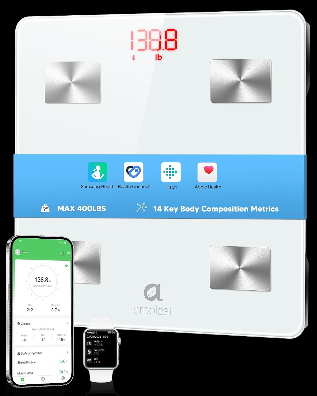 arboleaf Smart Scale for Body Weight and Fat, Digital Bathroom Scale | Bluetooth Body Composition Analyzer with App, 14 Metrics Include BMI, 400lb Capacity