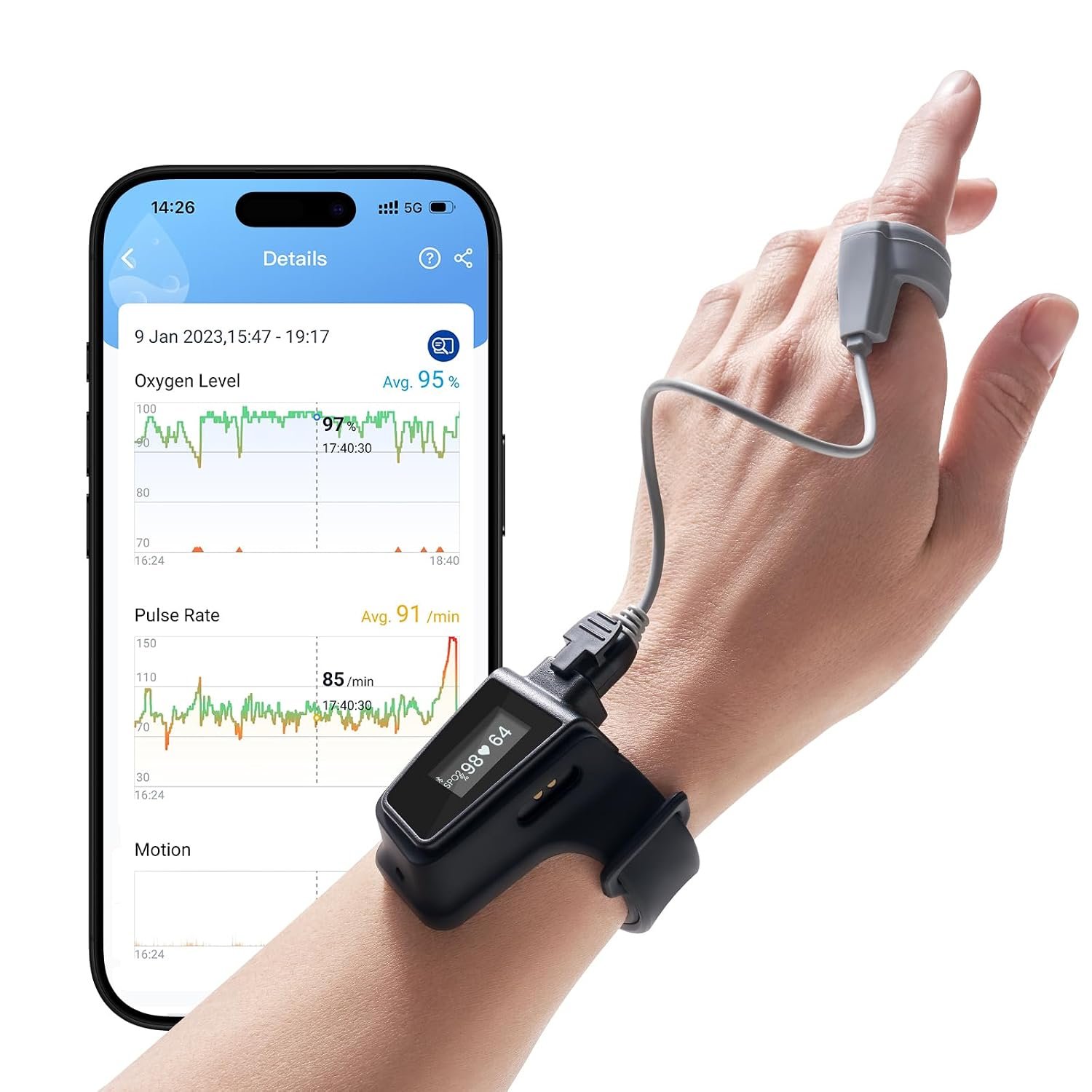 Wellue Wrist Pulse Oximeter| O2 Monitor with 100-hour Battery Life to Record Blood Oxygen Saturation and Pulse Rate| Export the Report via APP/PC