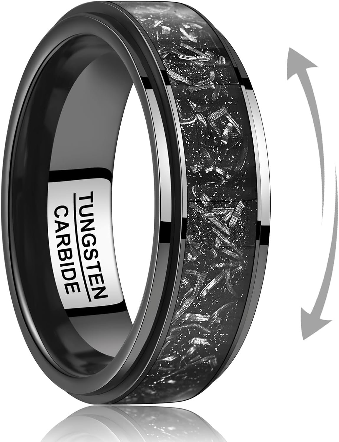 TUNGSTORY 8mm Tungsten Mens Wedding Band, Black Spinner Fidget Rings Meteorite Inlaid, Anxiety Released Spinner Ring for Men Engagement Anniversary Comfort Fit Size 7-12
