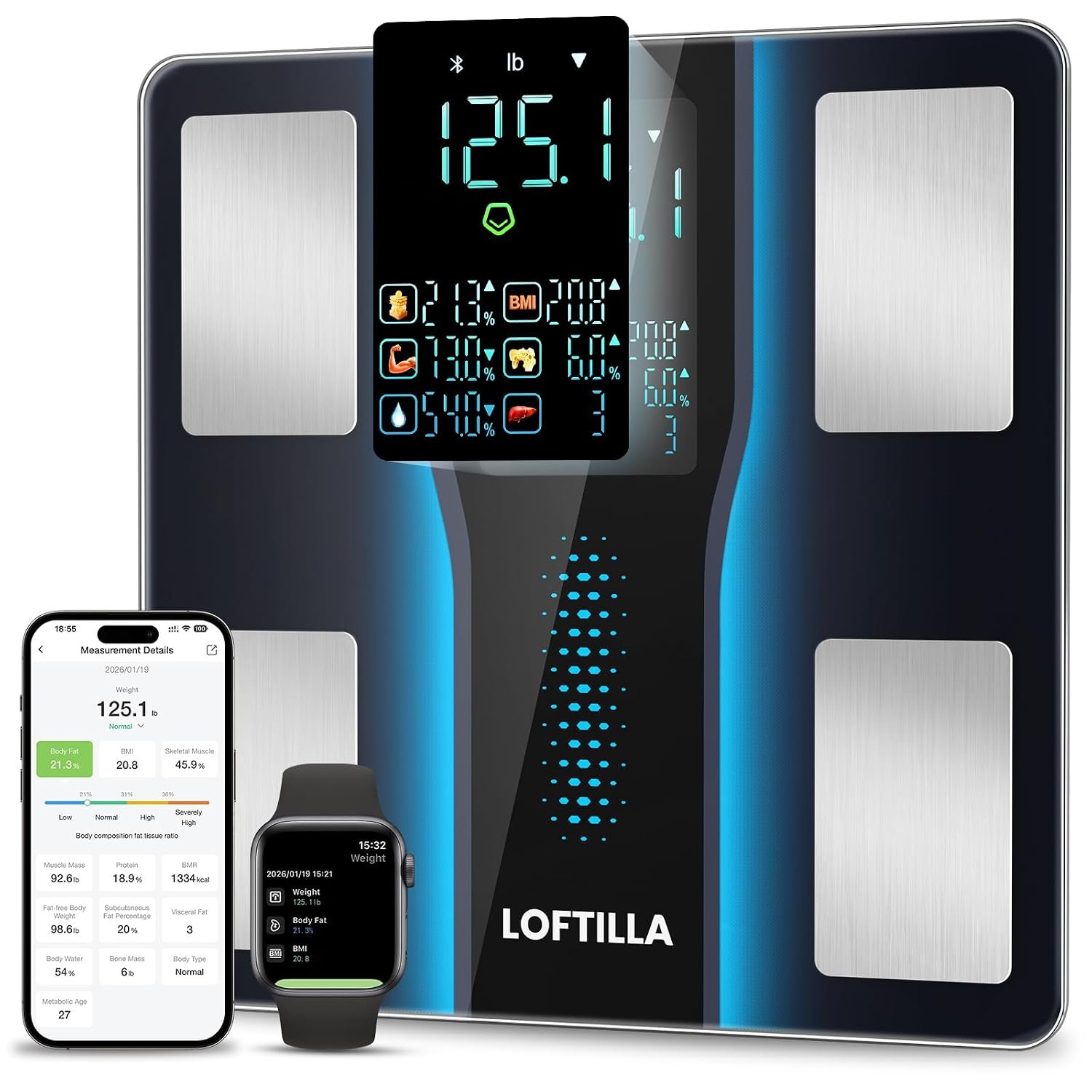 LOFTILLA Smart Scale with BMI, Body Fat, Muscle Mass, 8-in-1 Display | Digital Bathroom Weight Scale with 14 Body Composition Metrics, Bluetooth App Sync, for Home and Gym Use,Black
