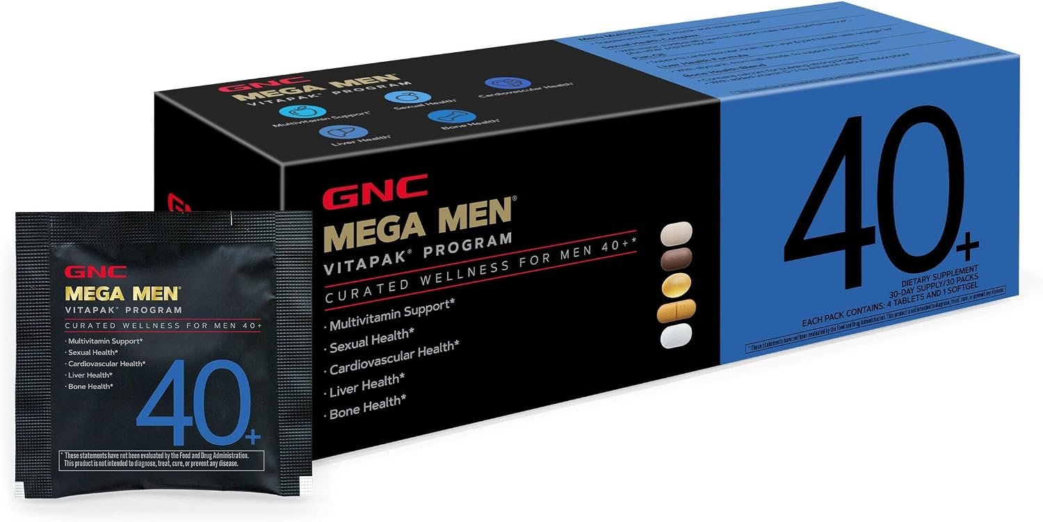 GNC Mega Men 40+ Vitapak, 5-in-1 Multivitamin Pack, Energy Production, Men’s Health, Edible Dietary Supplement, 30 Servings