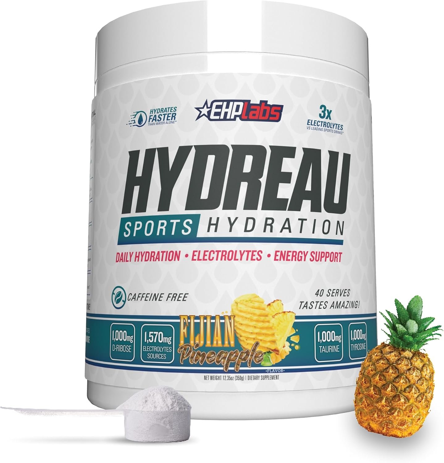 EHP Labs Hydreau Electrolytes Powder No Sugar – Hydration Powder for Endurance & Energy – Electrolyte Powder for Men & Women – Sugar Free Electrolytes – Fijian Pineapple (40 Serves)