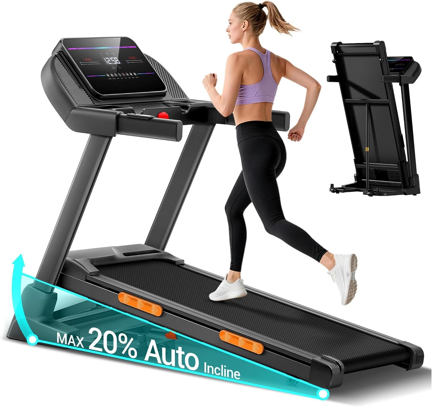Foldable Incline Treadmill with 20% Auto Incline | for Small Spaces Apartments, 3.5HP 400LBS Capacity Under Bed Treadmill, Portable Running Machine for Home Workout
