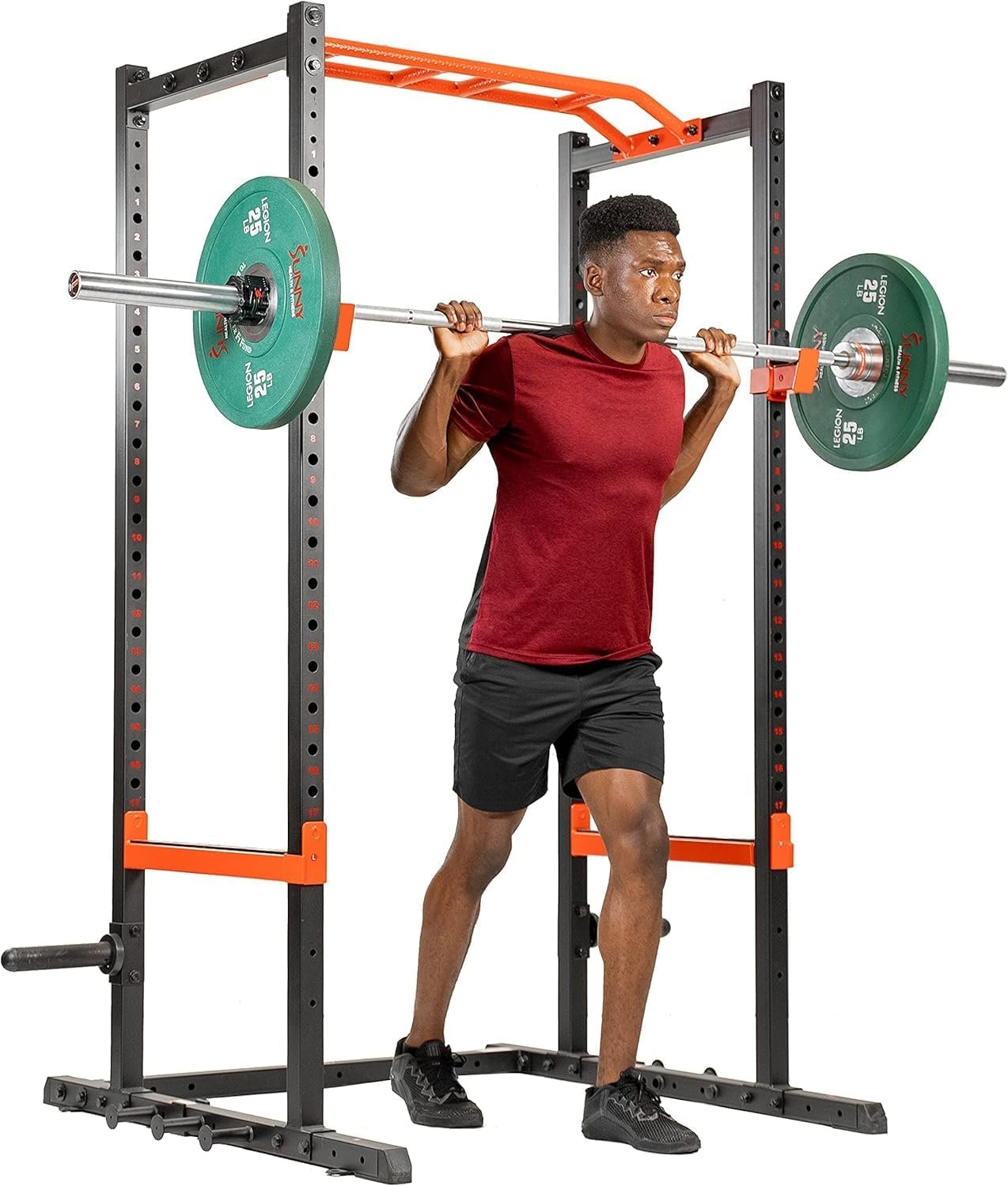 Sunny Health & Fitness Power Zone Strength Rack Power Cage – 1000 LB Weight Capacity, Spotter Bar, Angled Pull-Up Bar, J-Hooks, Resistance Band Pins, Optional LAT Pull Down