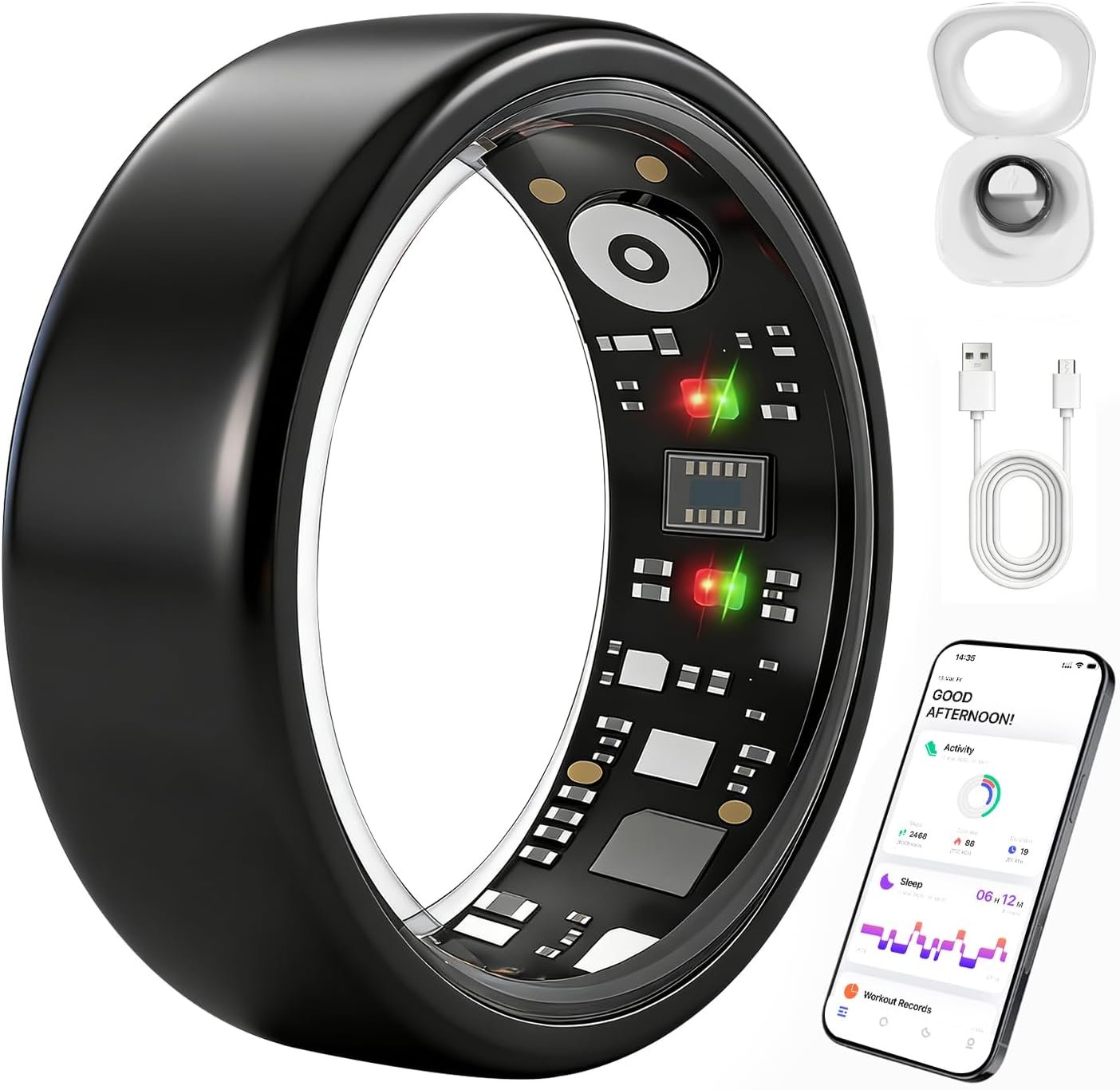 Smart Ring for Women Men, Health Fitness Ring Gen 3 with Free App No Subscription Fee, Stress & Sleep Monitor, Heart Rate & Step Tracker, IP68 Waterproof, Android/iOS Compatible (Black,6)