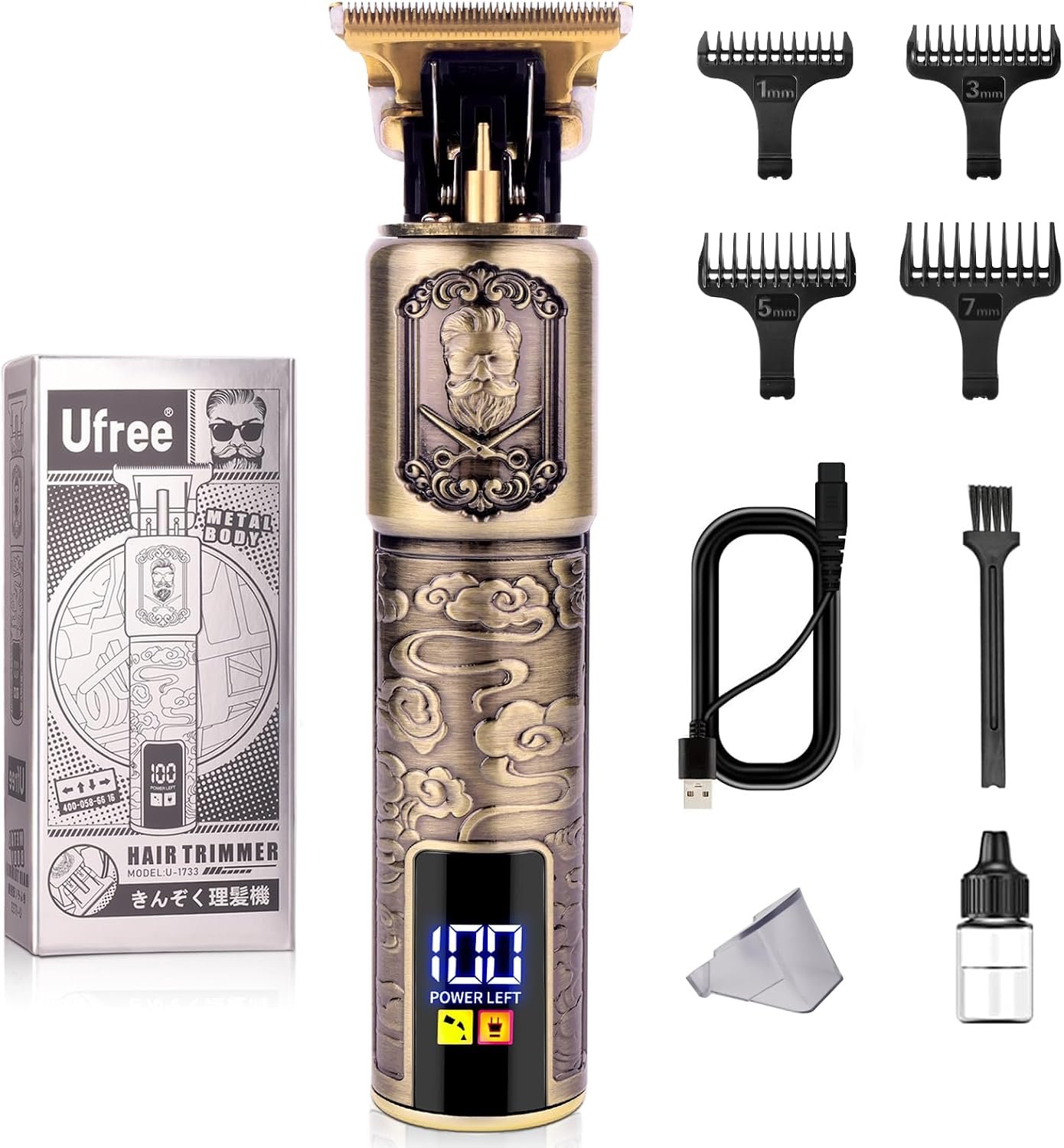 Ufree Beard Trimmer for Men, T-Blade Hair Clipper, Zero Gap Edger with LCD | Titanium T-Blade, 7500 RPM Motor, LCD Battery Display, 150-Min Runtime, 4 Guide Combs For Hair And Beard