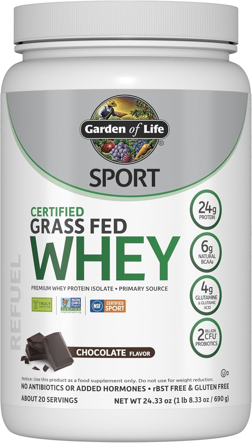Garden of Life SPORT Whey Protein Powder Chocolate, Premium Grass Fed Whey Protein Isolate plus Probiotics for Immune System Health, 24g Protein, Non GMO, Gluten Free, Cold Processed – 20 Servings