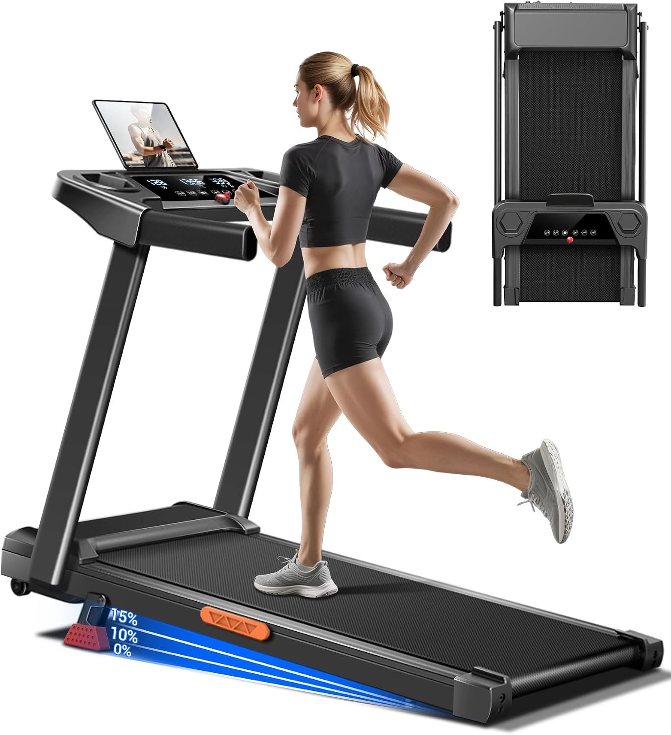 15% Foldable Incline Treadmills for Home, 12 Automatic Modes | Treadmill with Handle, 3.0HP Quiet Walking Pad Treadmill, Three Screen