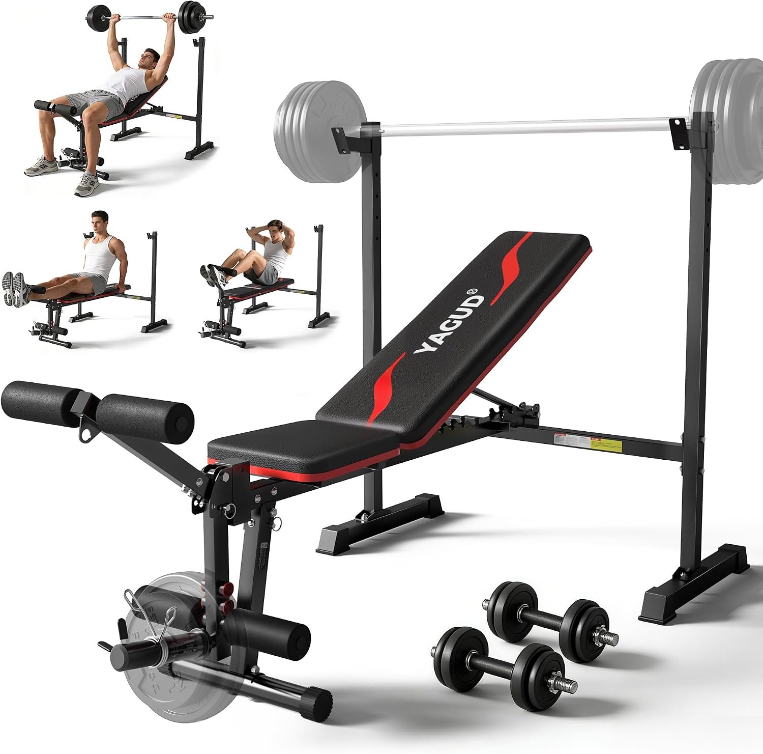 Weight Bench Set, 880LBS Adjustable Bench Press Set with Leg Extension and Barbell Rack, Safety Bar Catches, Fasting Foldable Workout Benches for Home and Gym | 880LBS Heavy Capacity, Adjustable Bench with Leg Extension, Barbell Rack and Safety Catches, Foldable Design for Home & Gym
