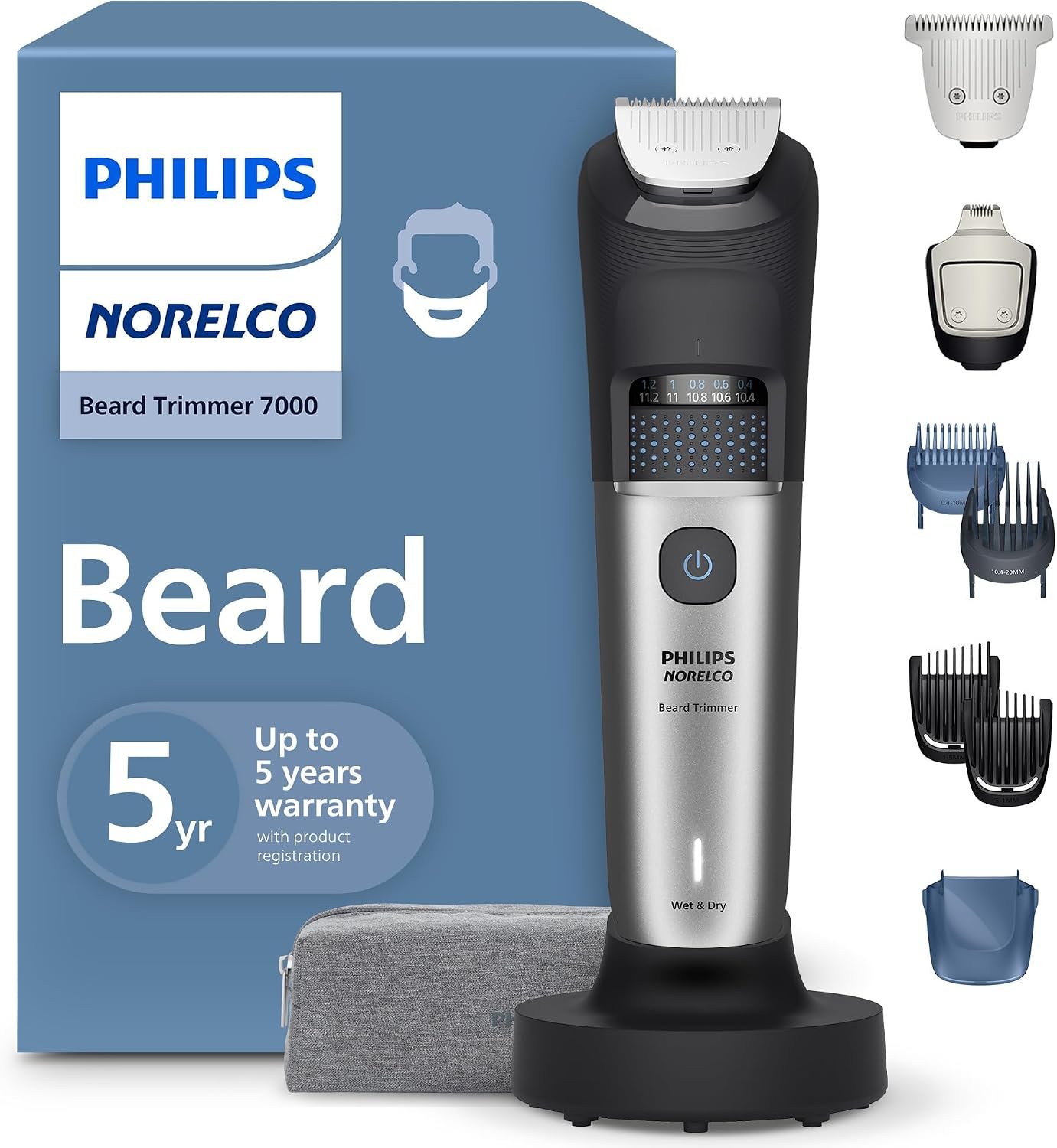 Norelco Philips Beard Trimmer 7000, 40 Length Dial, T-Blade, Graphite | Self-Sharpening Blades, 40 Length Precision Dial, Detail Trimmer, Hair Collector, 100% Waterproof, 120-Min Runtime, BT7670/40