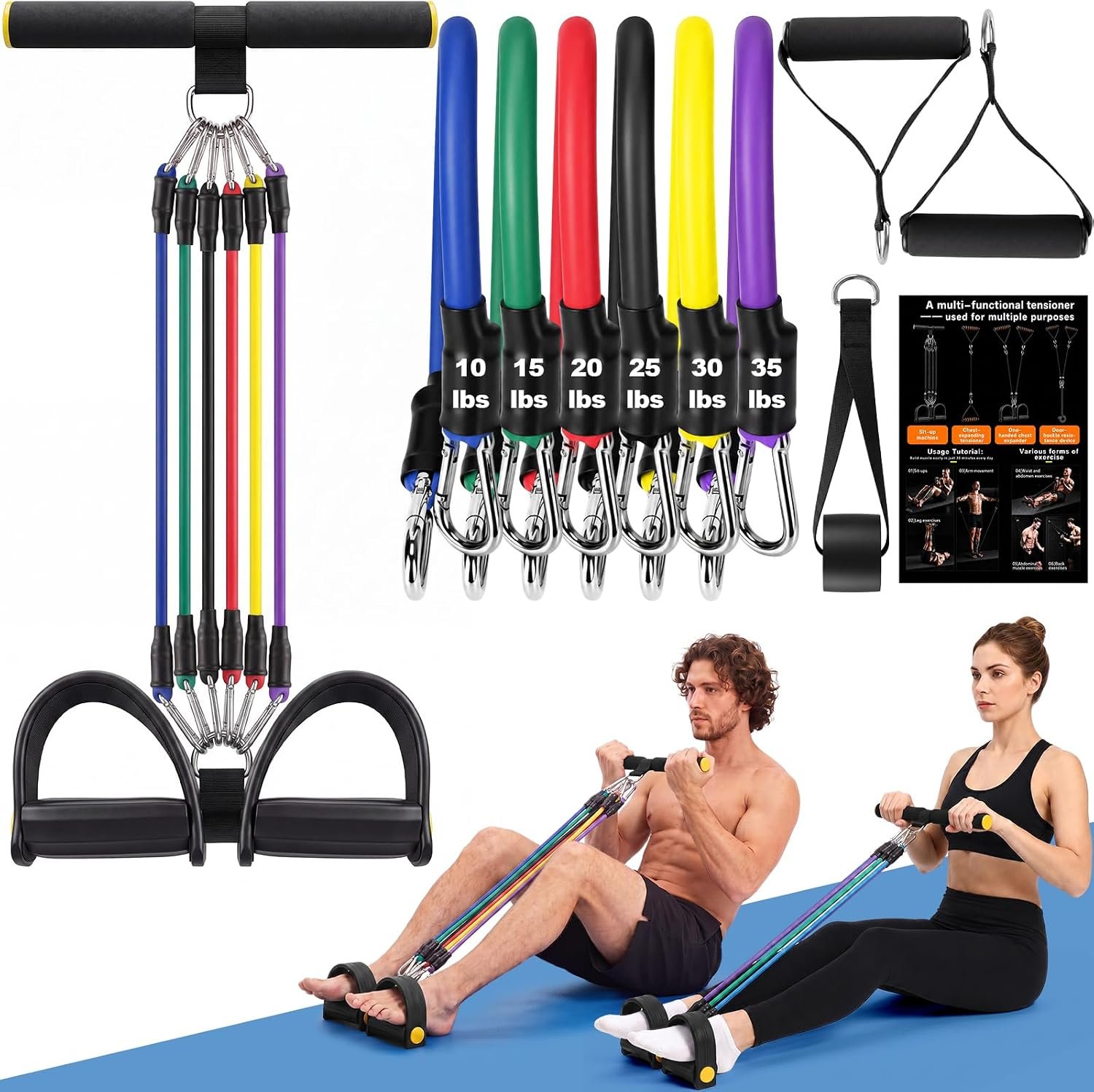 Arrowbash Upgrade 6 Tubes Foot Pedal Resistance Band Adjustable Pedal Puller Resistance Band with Handle Multifunction Fitness Bands for Men Women Abdomen Arm Leg Stretching