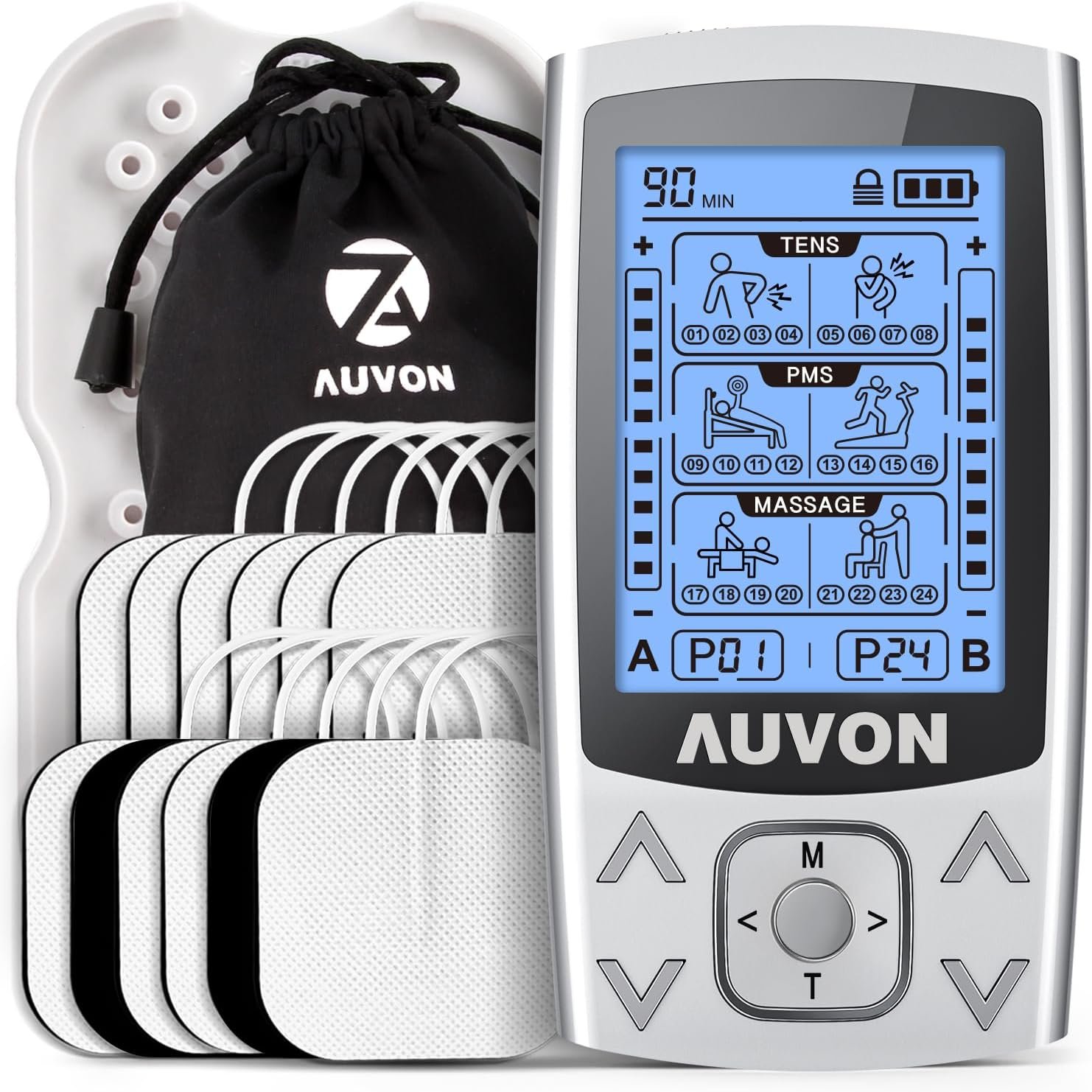 AUVON Dual Channel TENS Unit 24 Modes Muscle Stimulator for Pain Relief,Rechargeable TENS Machine Massager with 12 Pads, ABS Pads Holder, USB Cable and Dust-Proof Storage Bag