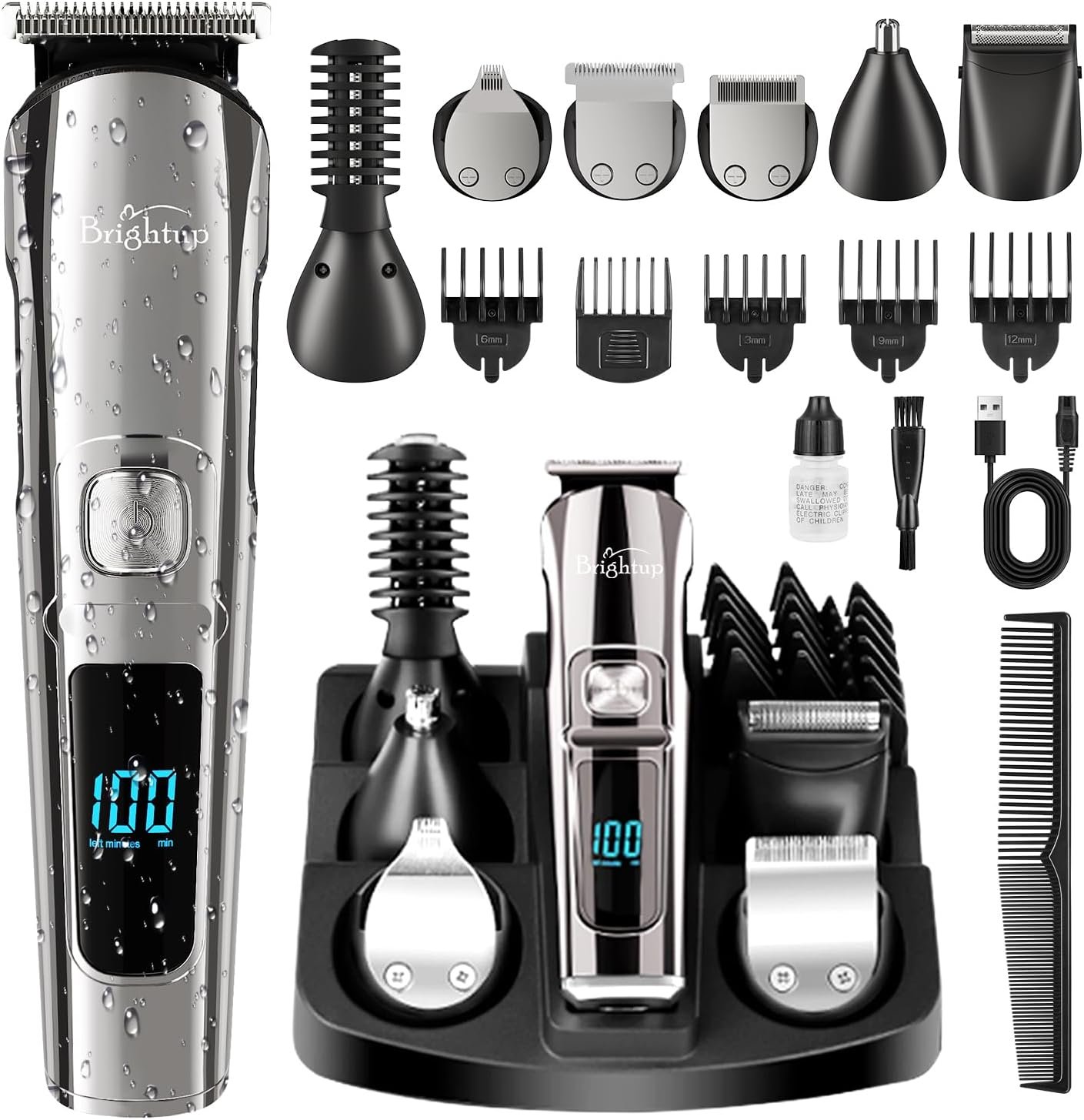 Brightup Beard Trimmer for Men – Electric Razor & Shaver | 17-in-1 Mens Grooming Kit, IPX7 Waterproof, Shaving Kit for Face, Mustache, Body, Ear, Nose Hair Trimmer, Gifts for Men