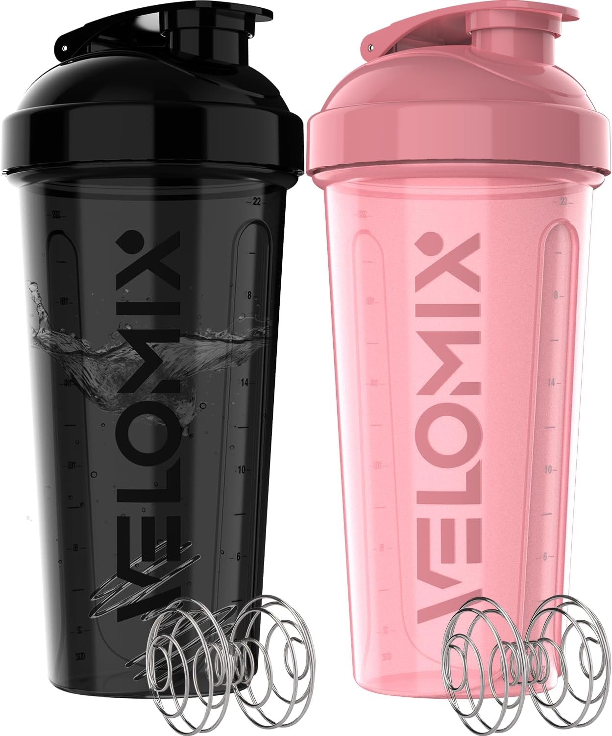 VELOMIX 2 Pack 28oz Protein Shaker Bottle for Protein Mixes, Pink/Black | 2x Wire Whisk, Leak Proof Shaker Cups for Protein Shakes, Stackable, Dishwasher safe, BPA free, Pre Workout and Fitness ready
