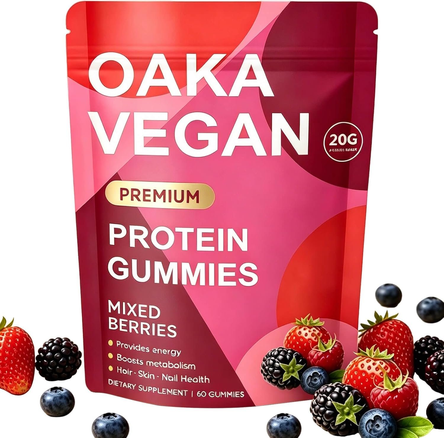 Protein Gummies for Women & Men, 20g Protein per Serving, Supports Healthy Hair Skin Nails & Energy, Vegan, Zero Sugar, Mixed Berries Flavor, 60 Gummies