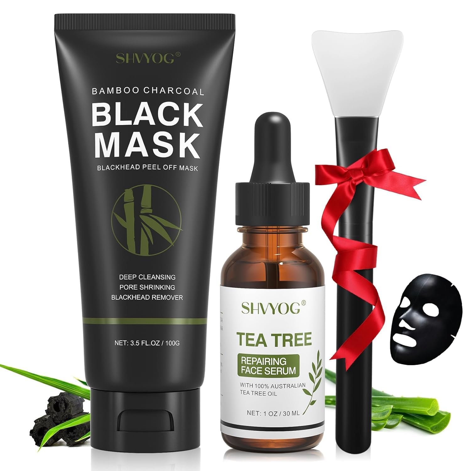 Blackhead Peel Off Face Mask, SHVYOG 3-in-1 Blackhead Remover Mask with Brush & Tea Tree Oil Serum, Charcoal Face Mask for Deep Cleansing Blackheads, Dirts, Pores, Skin Oil (100g+30ml)