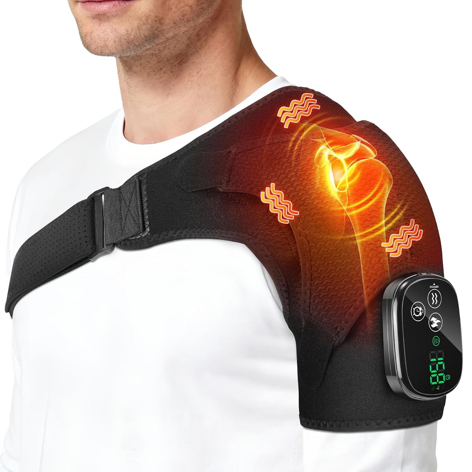 Cordless Shoulder Heating Pad with Massager, FSA Eligible Shoulder Massager | Heated Shoulder Wrap with 6 Heat & 6 Timer Modes, 3 Vibration, Deep Tissue Pain Relief, Rotator Cuff, HSA Approved
