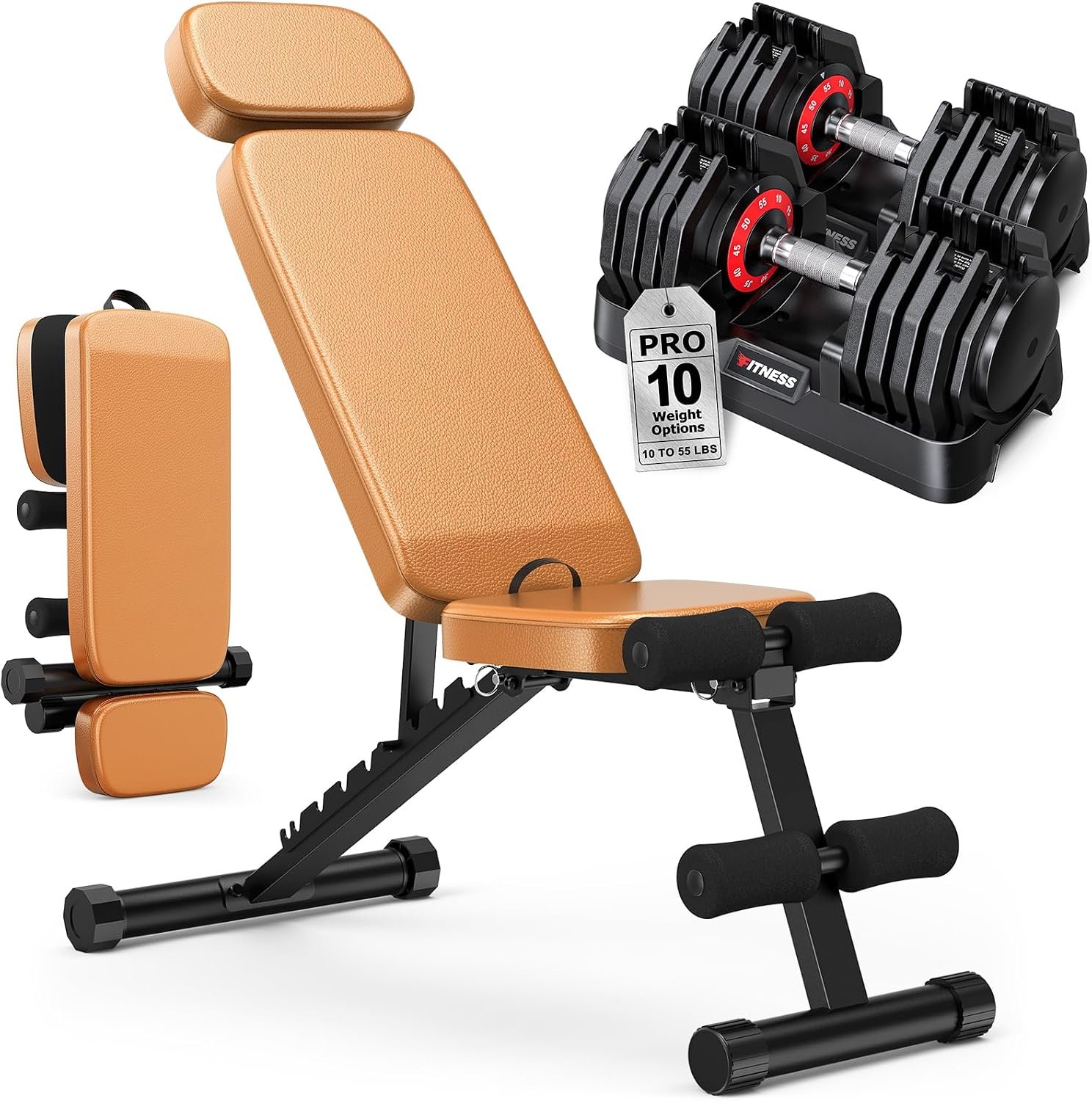 Adjustable Dumbbell Set with Workout Bench at Home | 25/55/80LB Pair, 1-Second Quick Adjust, Dual-Lock Safety, Space-Saving Tray, 800lb Rated, Foldable Design