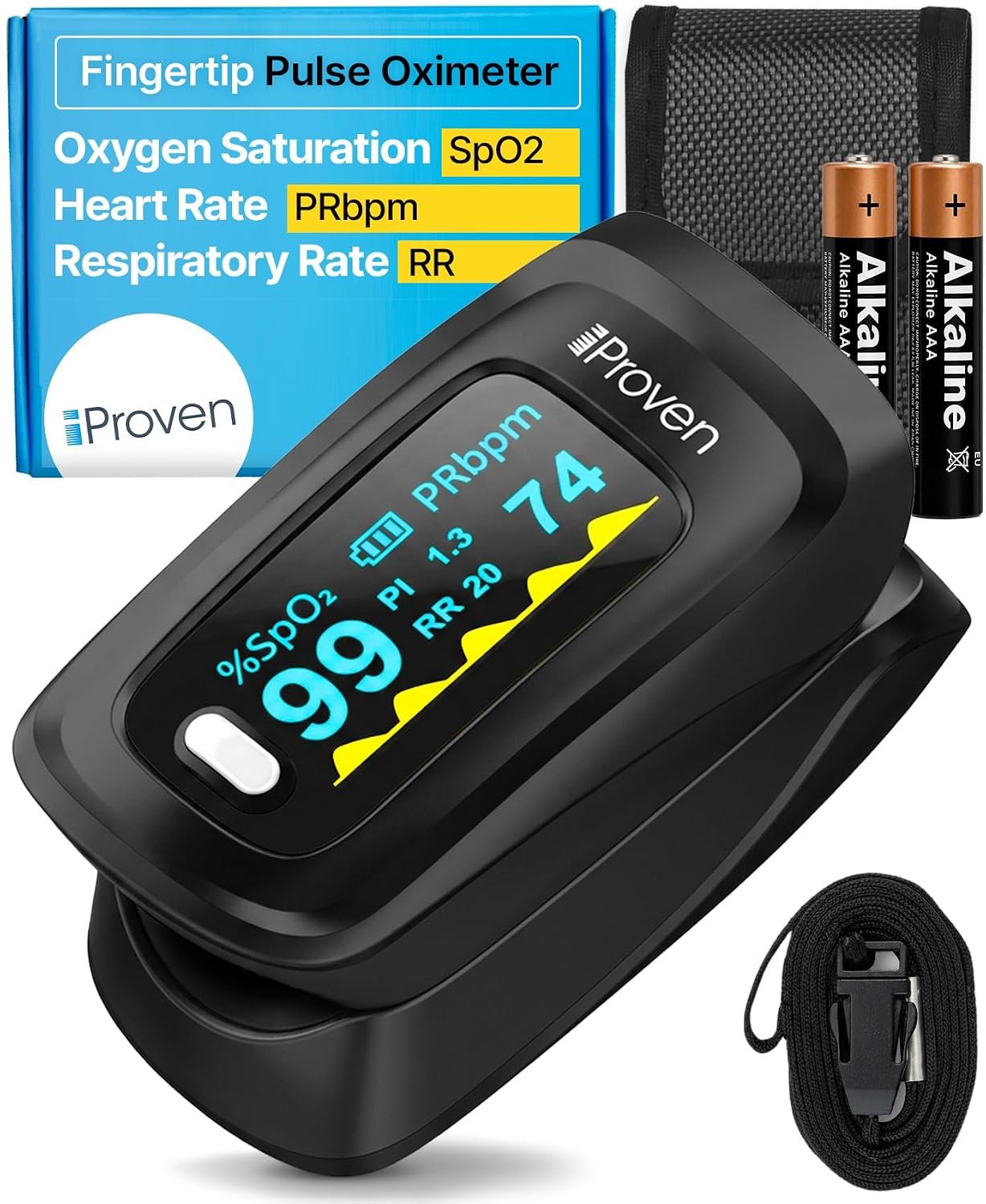 iProven Pulse Oximeter Fingertip for Oxygen Saturation & Respiratory Rate | Pulse Rate and Blood Oxygen Saturation Monitor, Finger Oximeter O2 Monitor, Batteries, Case & Lanyard Included