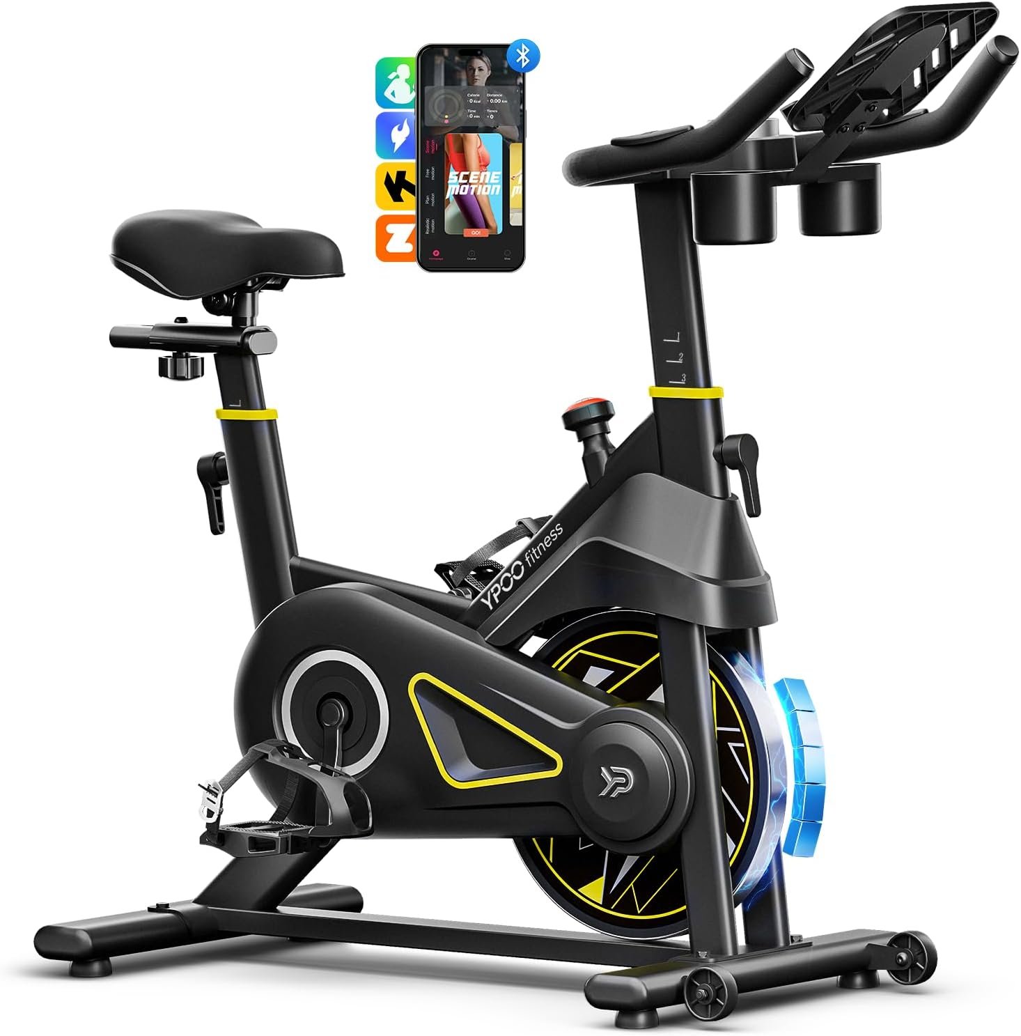 YPOO Exercise Bike Adjustable Magnetic Resistance 330LBS,APP Courses | Adjustable Seat&Handlebar, Adjustable Resistance Levels, 80% pre-assembled,