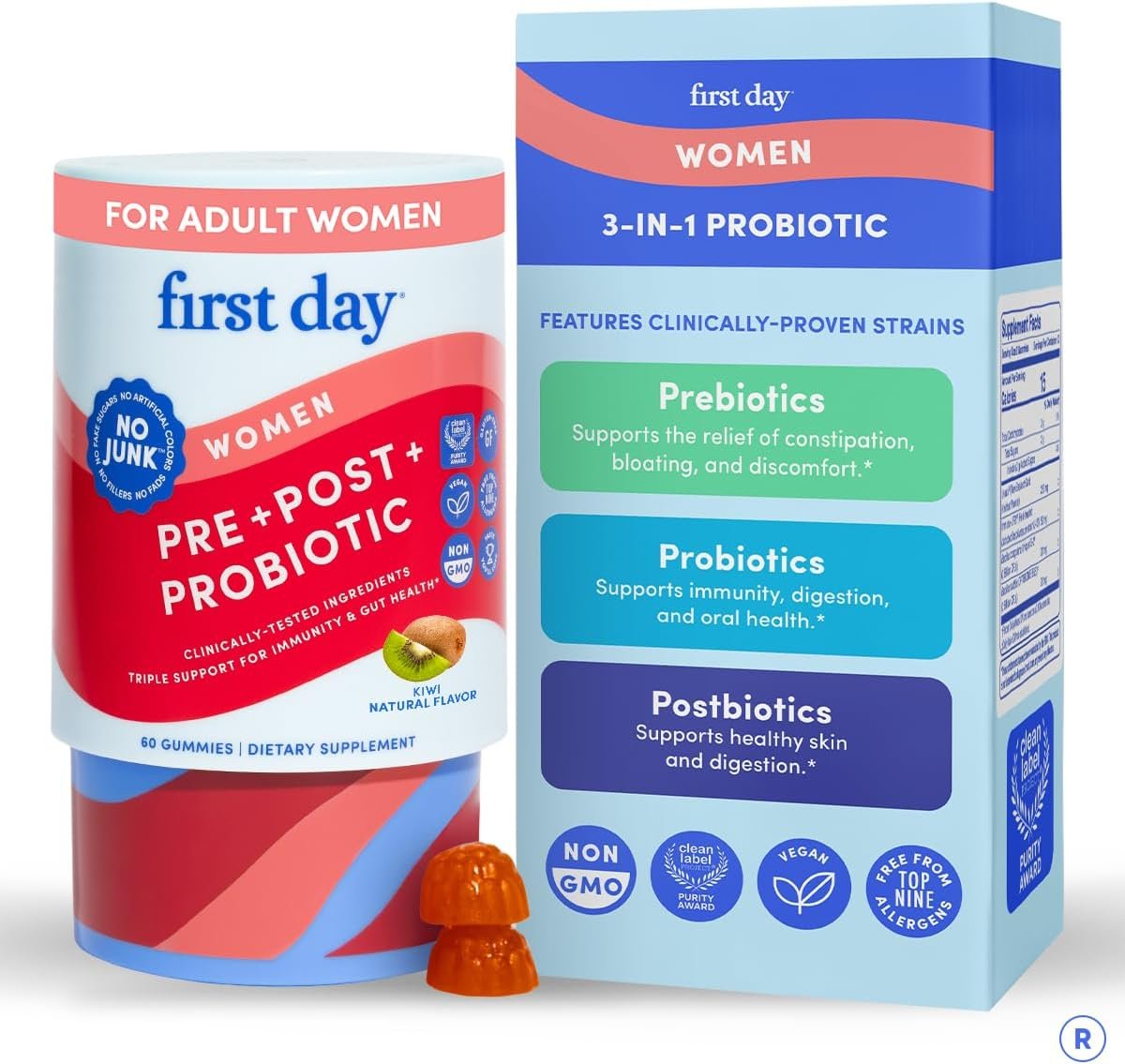 FIRST DAY Probiotic Gummies for Women, 3-in-1 Prebiotic + Postbiotic, 60ct