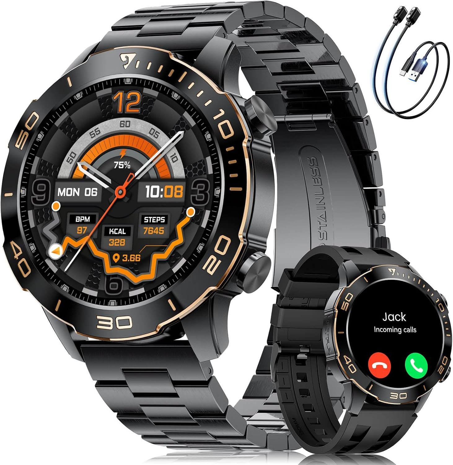 Smart Watches for Men Luxury for Android iPhone/50 Day Battery,Fitness Watch with Heart Rate/Blood Pressure/Sleep Monitor,Men’s Smartwatch Amoled Display,100+ Sport Modes,IP68 Waterproof,Black, 40mm
