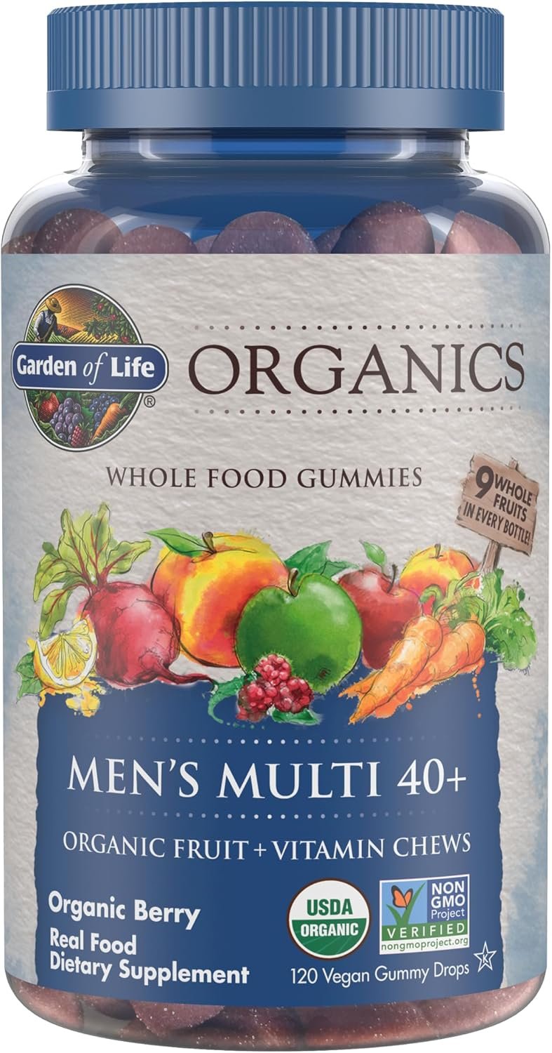 Garden of Life Organics Men 40+ Gummy Multivitamin, 120 Gummies | Certified Organic, Non-GMO, Vegan, Kosher, Complete Multi Methyl B12, C & D3, Gluten, Soy & Dairy Free, Real Fruit