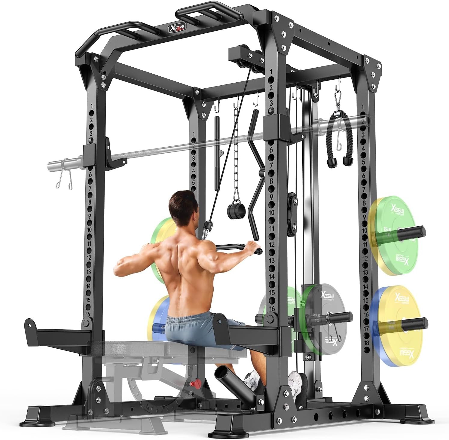 Power Cage Multi-Function Power Rack with Cable Crossover System,1500 LBS Capacity Squat Rack with Weight Bench,for Home Gym