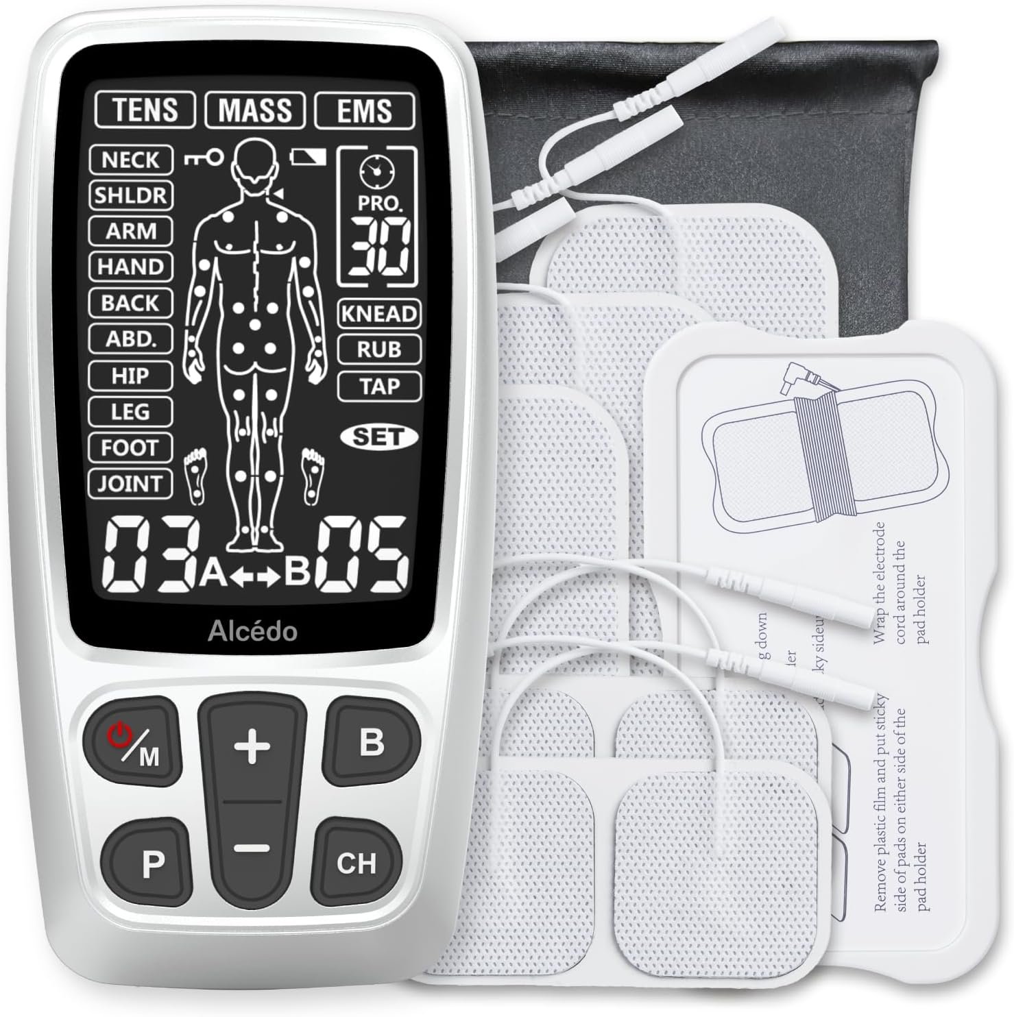 Alcedo Rechargable TENS+EMS Muscle Stimulator for Pain Relief | 3-in-1 Dual Channel, 40 Levels, 41 Programs, 8 Reusable Pads (3 Sizes), A/B Control, Back/Neck Pain