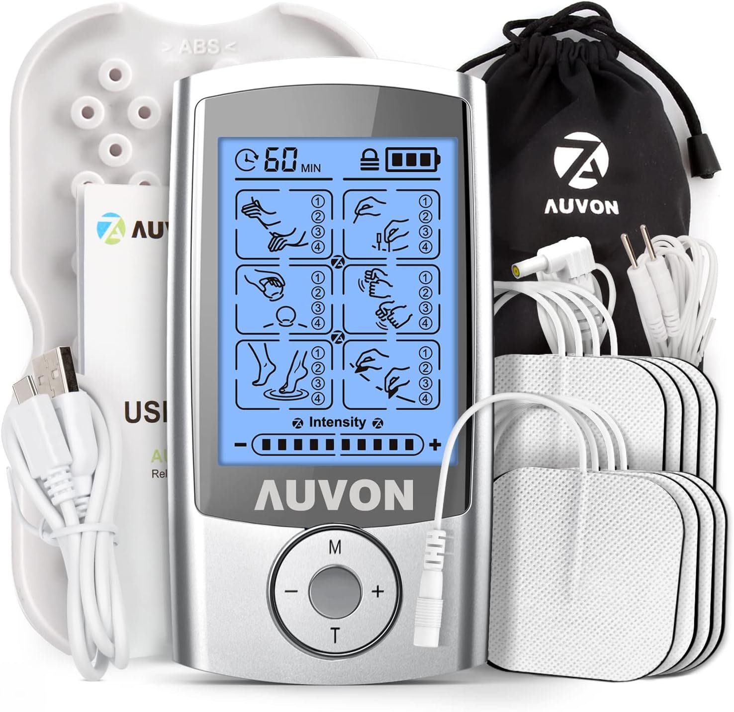 AUVON 24 Modes TENS Unit Muscle Stimulator for Pain Relief, Premium Pads | Rechargeable TENS Machine, Drug-Free Pain Relief for Shoulder, Lower Back, Muscle, Physical Therapy, 8pcs Electrode Pads