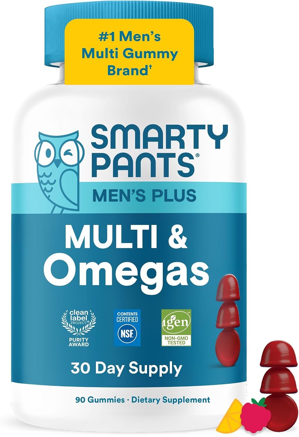 SmartyPants Men’s Multivitamin Gummies with Omega 3 DHA/EPA, Methylfolate, Vitamin D3, C, B12, B6, A, K, Zinc, Raspberry Lemonade Flavor, 90 Count (30 Day Supply)