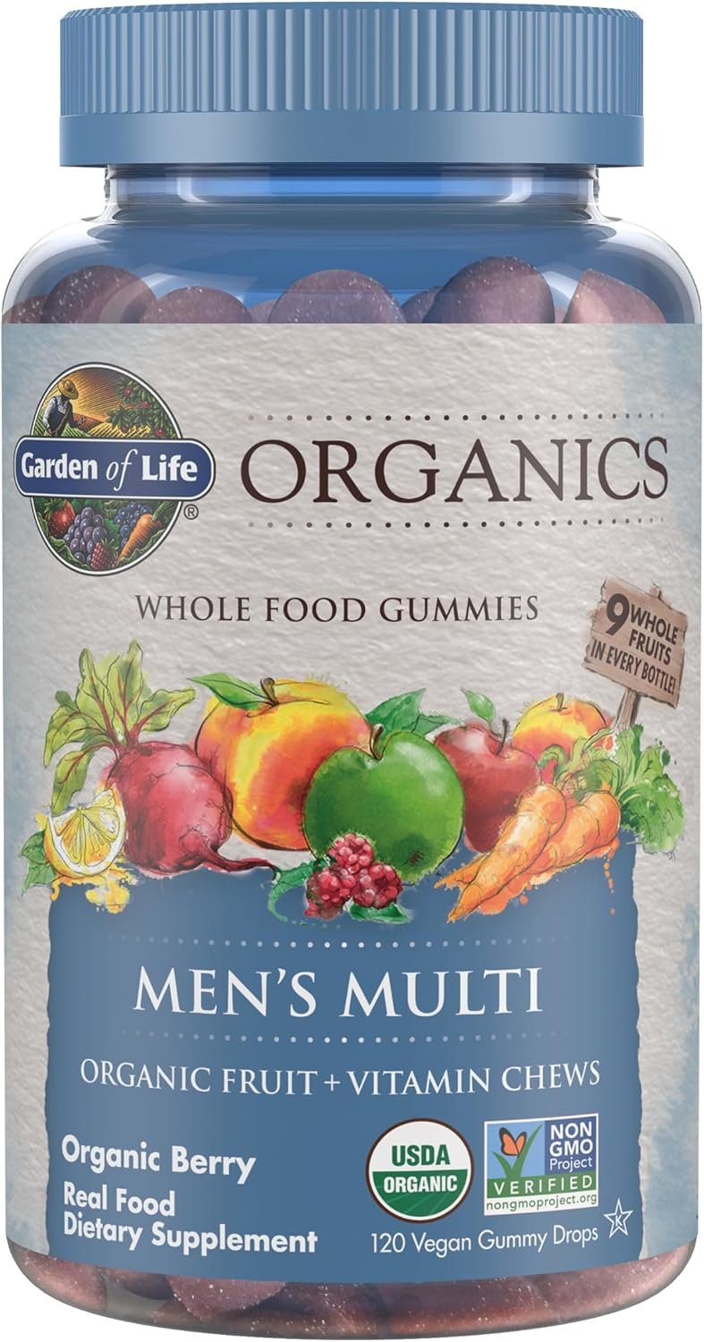 Garden of Life Organics Men’s Gummy Vitamins – Berry – Certified Organic, Non-GMO, Vegan, Kosher Complete Multi – Methyl B12, C & D3 – Gluten, Soy & Dairy Free, 120 Real Fruit Chew Gummies