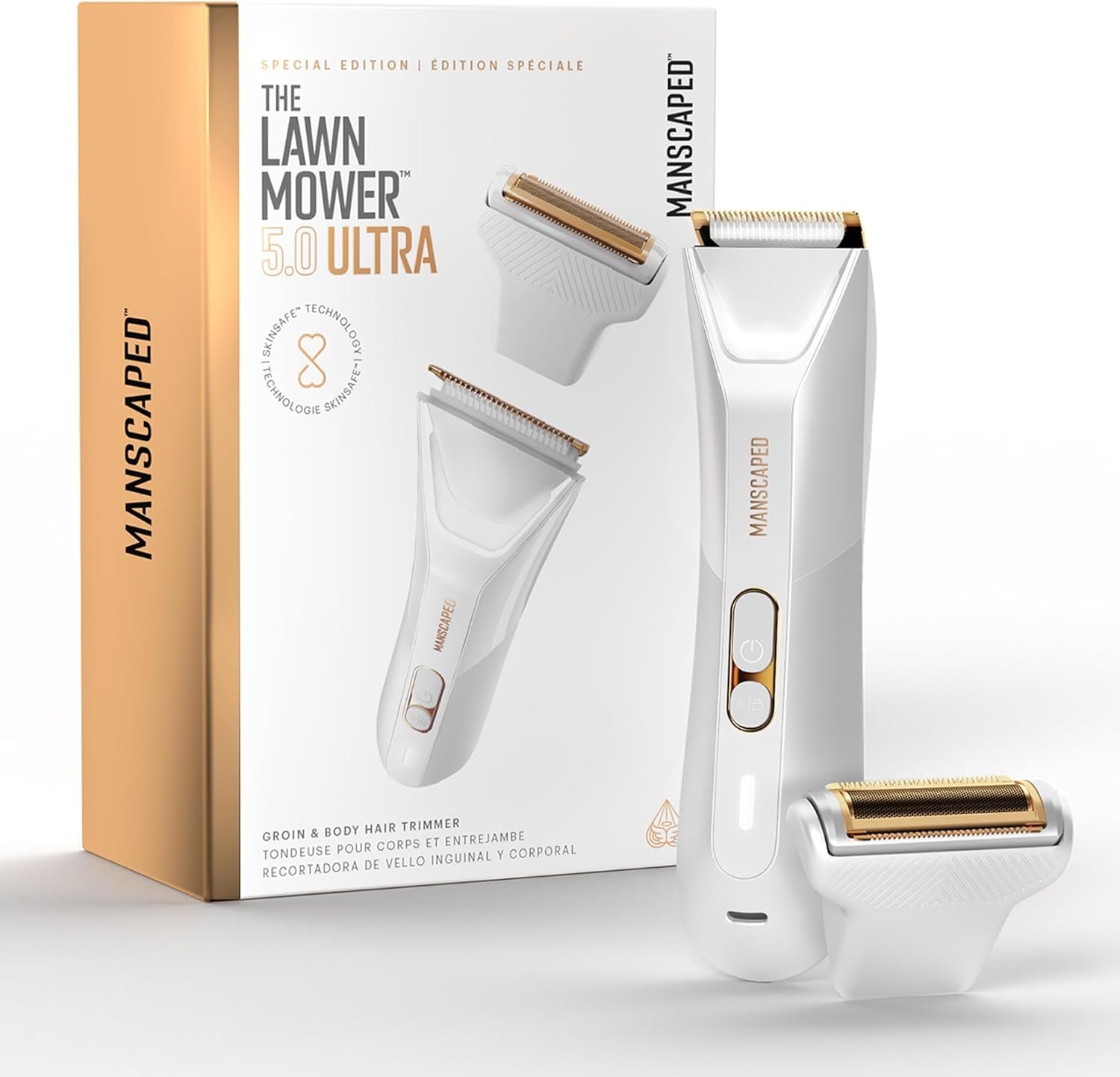 MANSCAPED® The Lawn Mower® 5.0 Ultra Men’s & Women’s Groin & Body Hair Trimmer – Dual-Head SkinSafe® Trimmer & Foil Blades, Waterproof Wet/Dry Groomer, USB-C Rechargeable with Travel Case, White