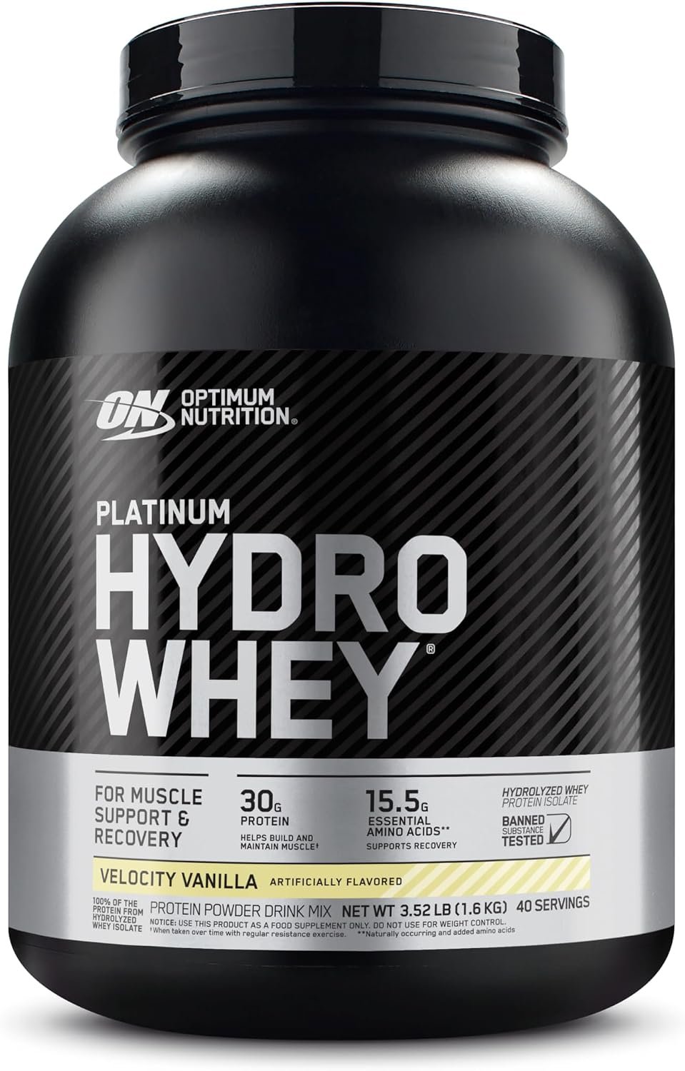 Optimum Nutrition Platinum Hydrowhey Protein Powder, Velocity Vanilla, 4 LB | 100% Hydrolyzed Whey Protein Isolate, 30g Protein per Serving with BCAAs, Gluten Free, Banned Substance Tested, Easy Mixing