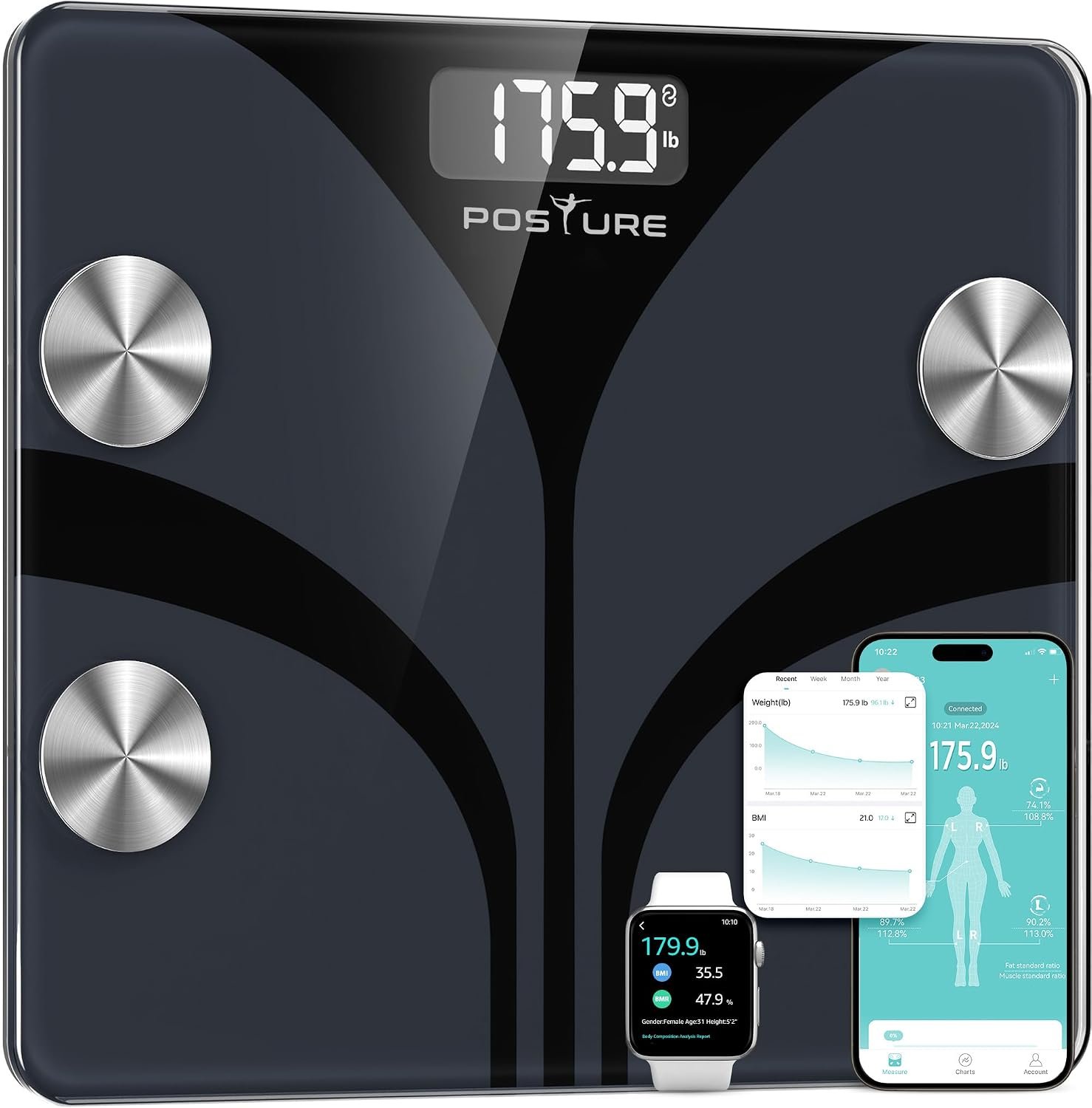 Posture Scale for Body Weight, Digital Bathroom Smart Scale, 13 Body Composition Analyzer Sync Weight Scale BMI Health Monitor Sync Apps 400lbs – Black