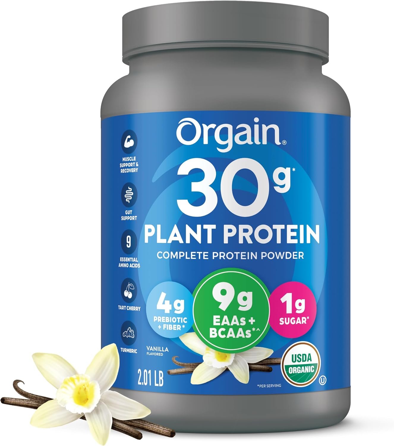 Orgain Organic Vegan 30g High Protein Powder, Vanilla, 2.01 lb | Plant based, 9g EAAs + BCAAs, 4g prebiotic fiber, 1g sugar, pre-workout, muscle support & recovery, packaging may vary
