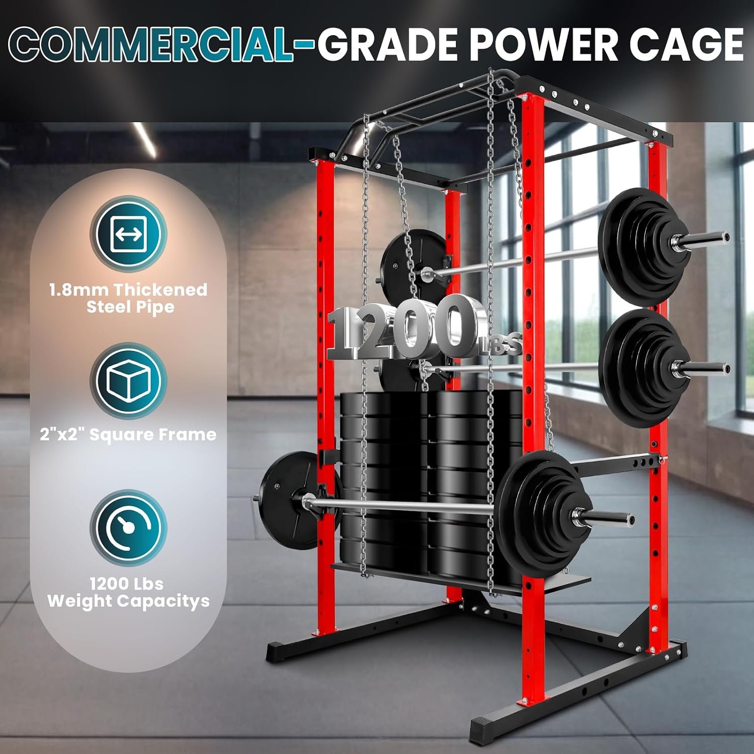 POWKOL Squat Rack Power Cage, 1200lb Capacity, 14-Hole Adjustable Height, Multi Functional Squat Rack for Home Gym With Safety Arms and J-Hooks, for Garage Gym Home Fitness Training