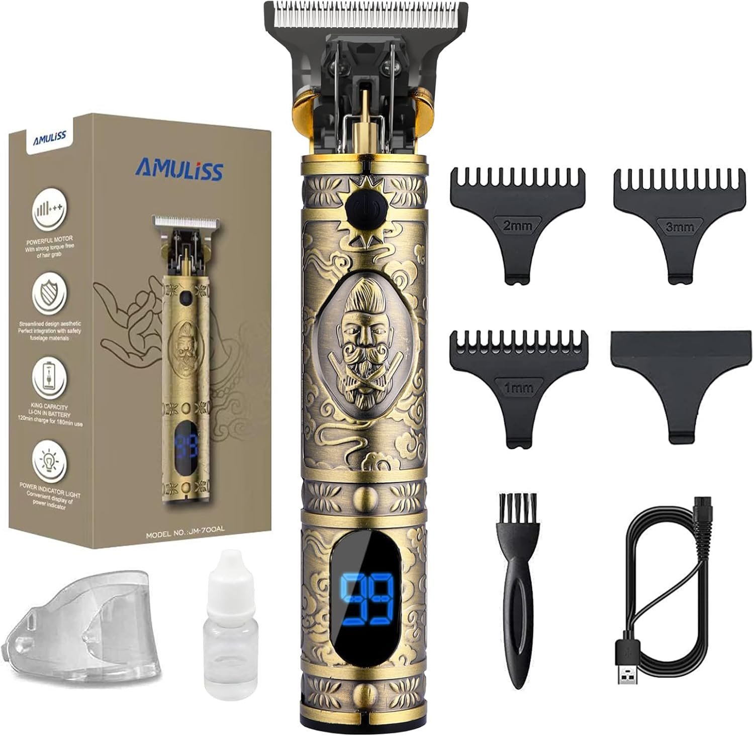AMULISS Beard Trimmer for Men,Zero Gapped Vintage Professional Hair Clipper | Multifunctional,180-min running time,all-metal body,T- blade trimmer for beard,haircut,carving,body hair,balding trimming
