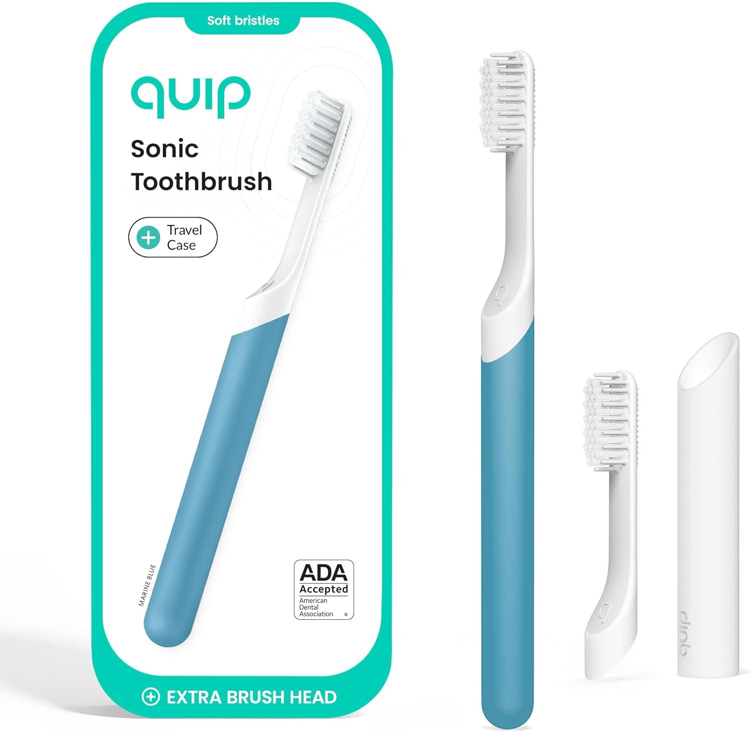 Quip Sonic Electric Toothbrush for Adults with Timer – Includes Travel Case & Replacement Brush Head – 3 Month Battery Life, Plastic Handle – Marine Blue